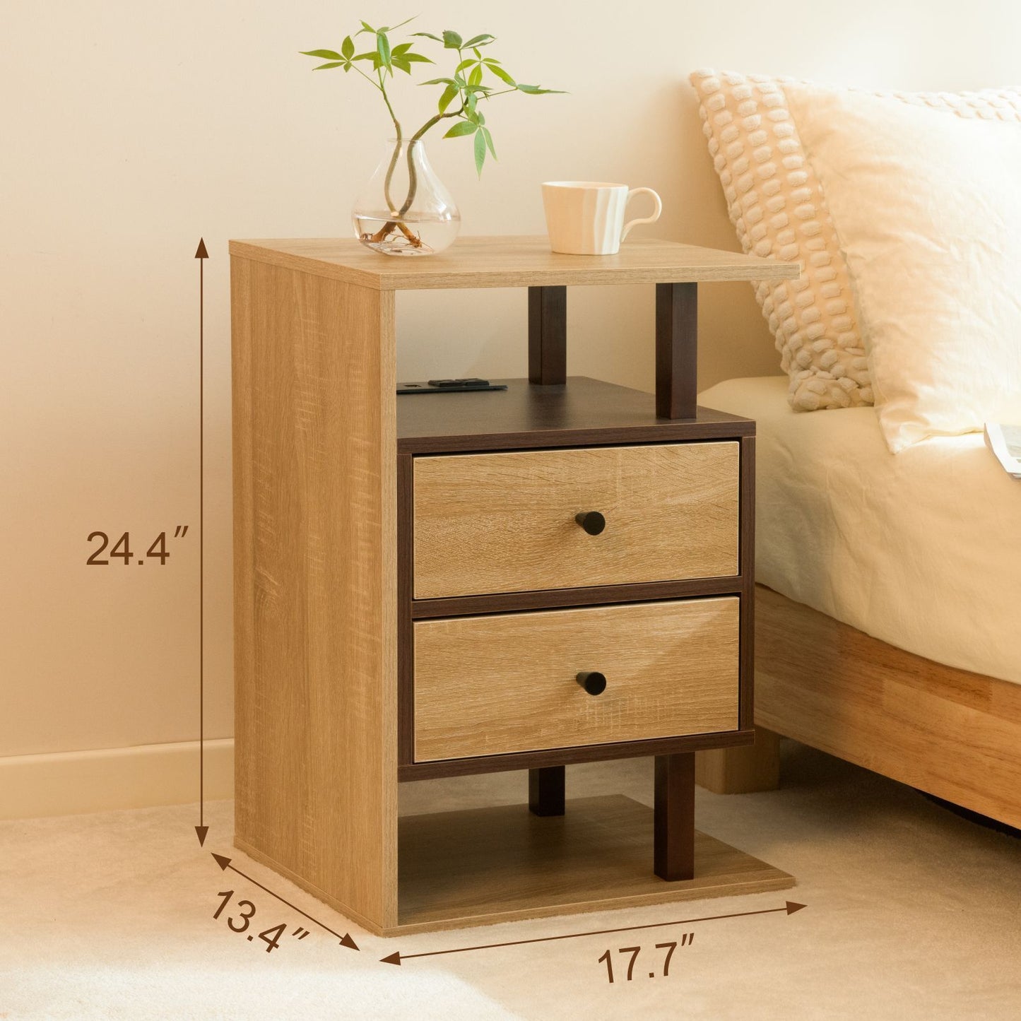 Nightstand with Charging Station Bed Side Table with 2 Drawers Night Stand for Bedroom End Table with USB Ports & Outlets