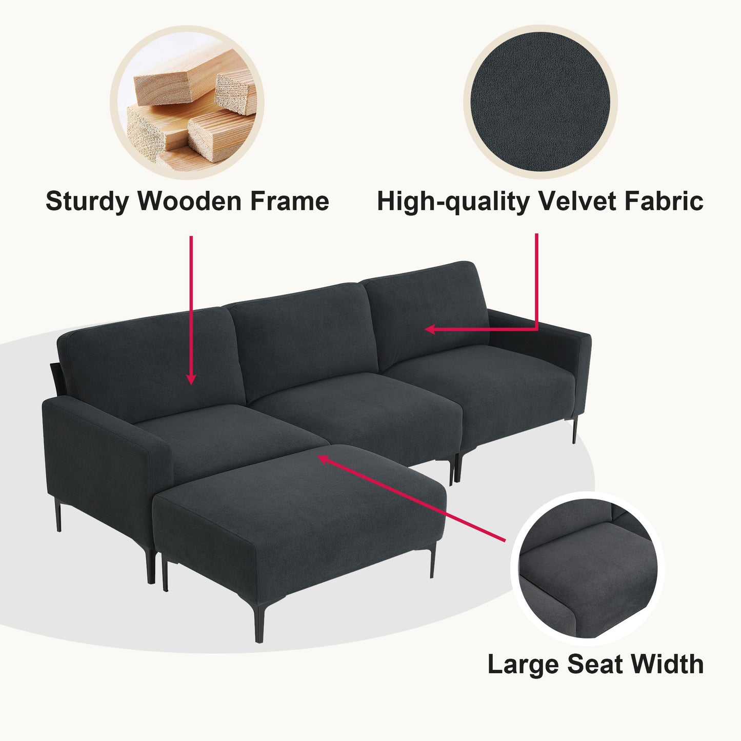 Modern L-shaped Sectional Sofa with Convertible Ottoman for Living Spaces