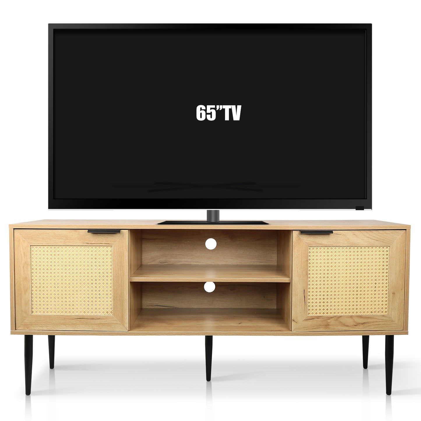 Rattan-Doored Wooden TV Stand with Open Shelves for TVs up to 65 Inches