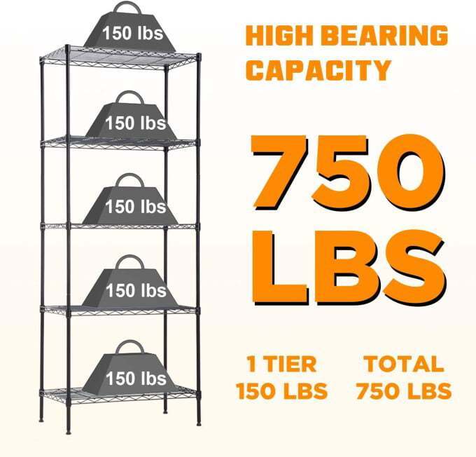 5 Tier Storage Racks with Shelf Liners, Adjustable Storage Rack Metal Shelf Wire Shelving Unit, 750 lb Capacity