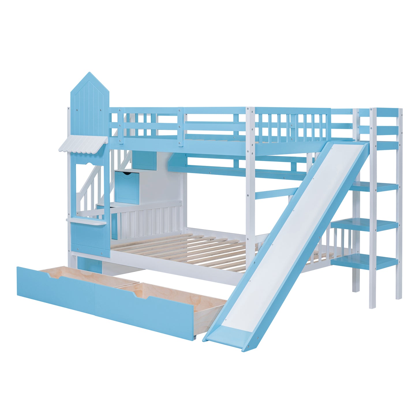 Blue Castle-Themed Full Bunk Bed with Slide, Storage, and Whimsical Charm