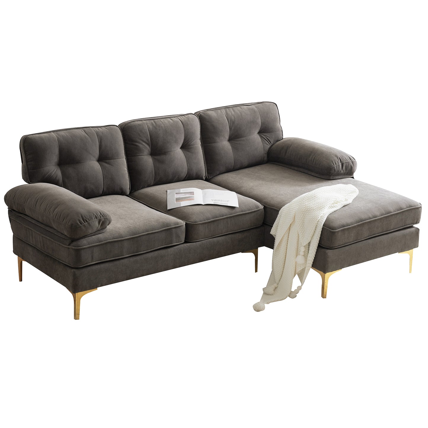 Luxurious Brown Velvet L-Shaped Modern Sectional Sofa for Living Room or Bedroom