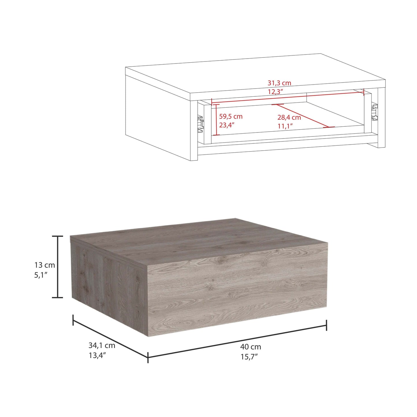 Milano Floating Nightstand, Wall-Mounted with Drawer -Light Gray -Bedroom