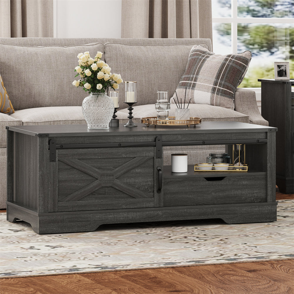 Rustic Gray Wooden Farmhouse Storage Coffee Table with Sliding Barn Door