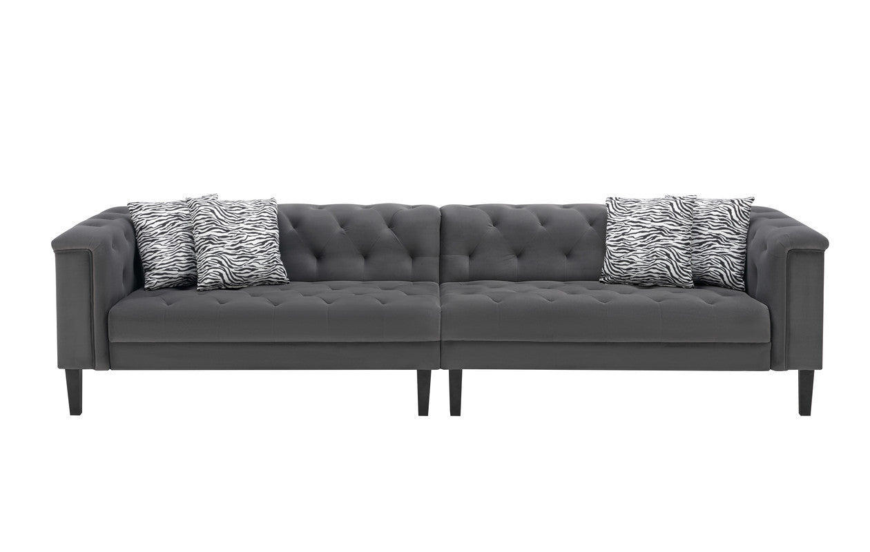 Mary Dark Gray Velvet Tufted Sofa With Accent 4 Pillows