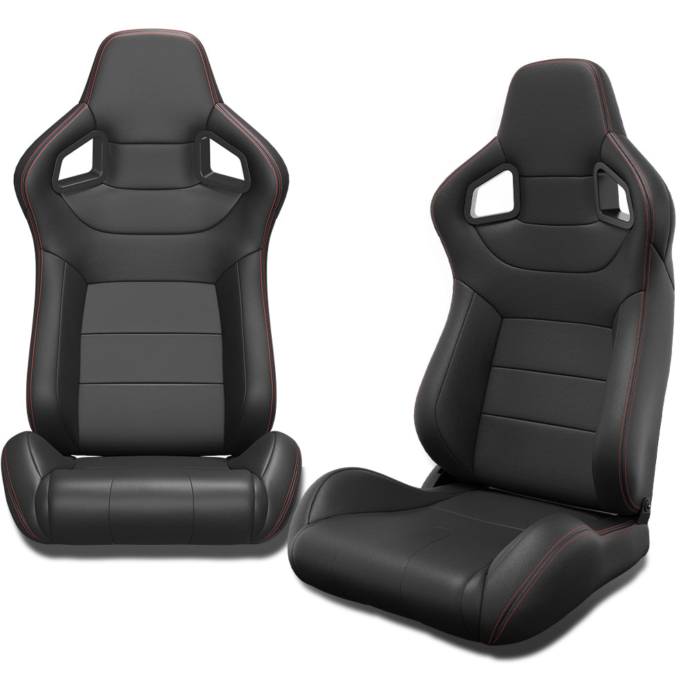 Carbon Look Reclinable Racing Seats with Red Stitch - Set of 2