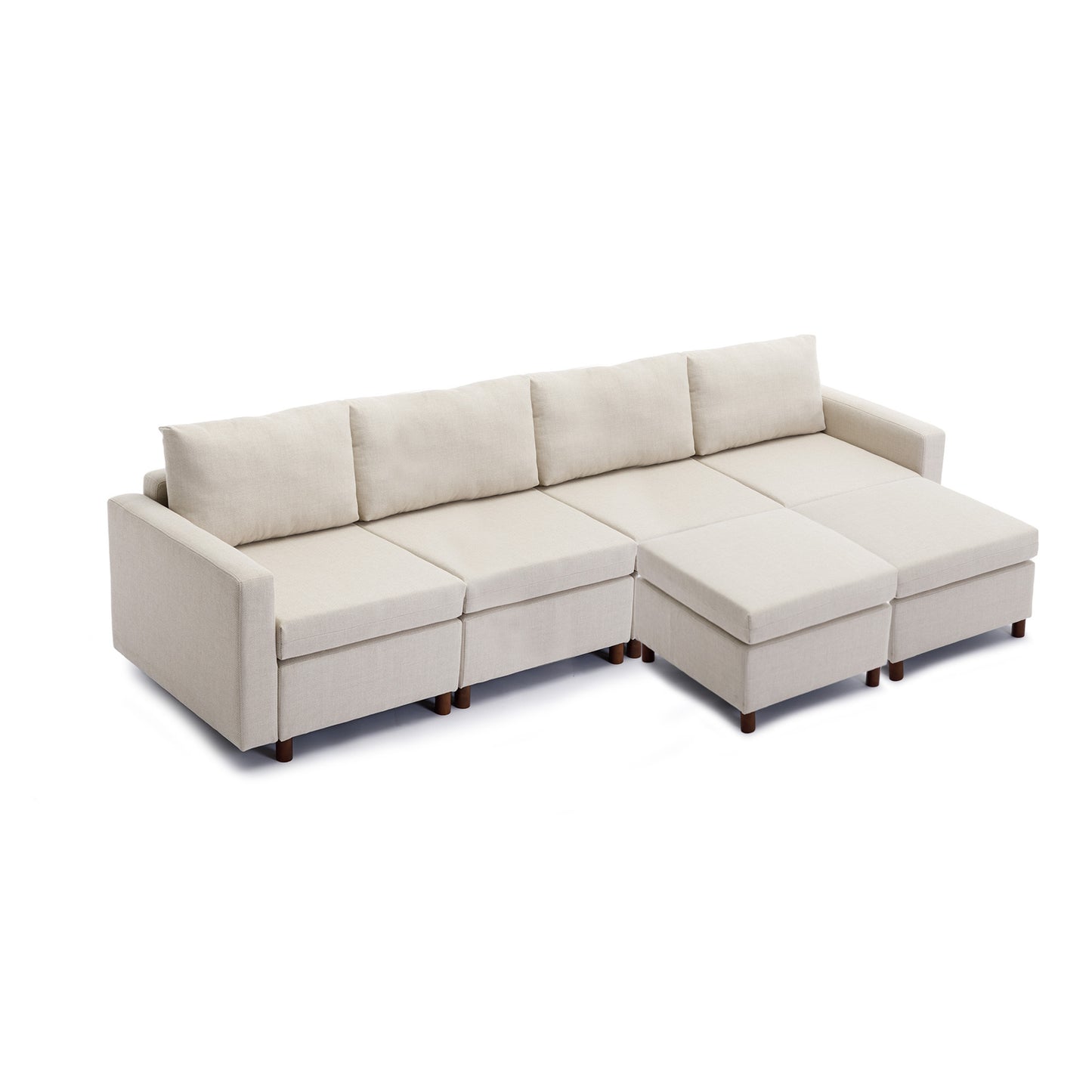 Sectional Sofa with 4 Seats and 2 Ottomans, Cream Linen Upholstery