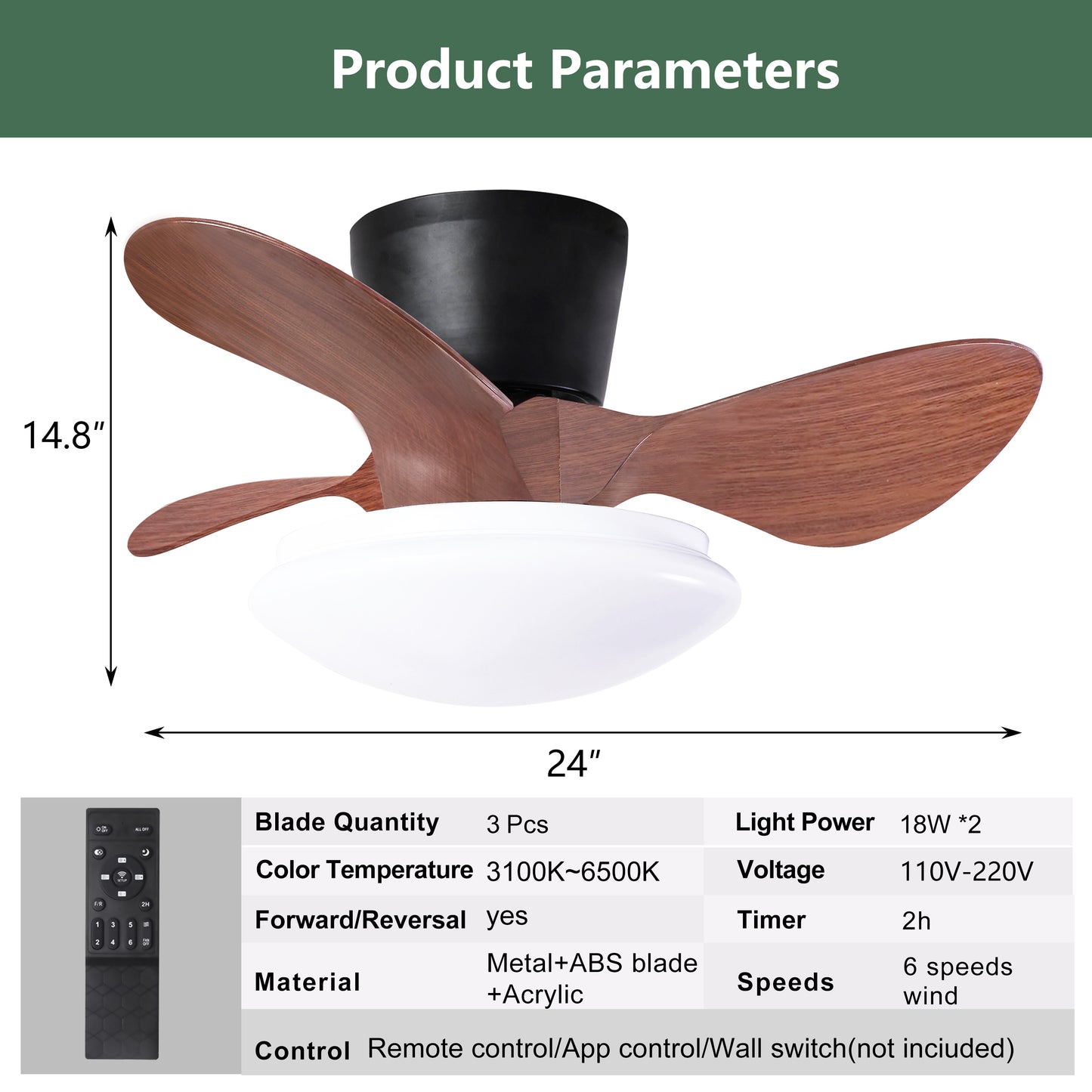 24'' Walnut Small Ceiling Fan with LED Lights, Remote Control, and Adjustable Color Temperature