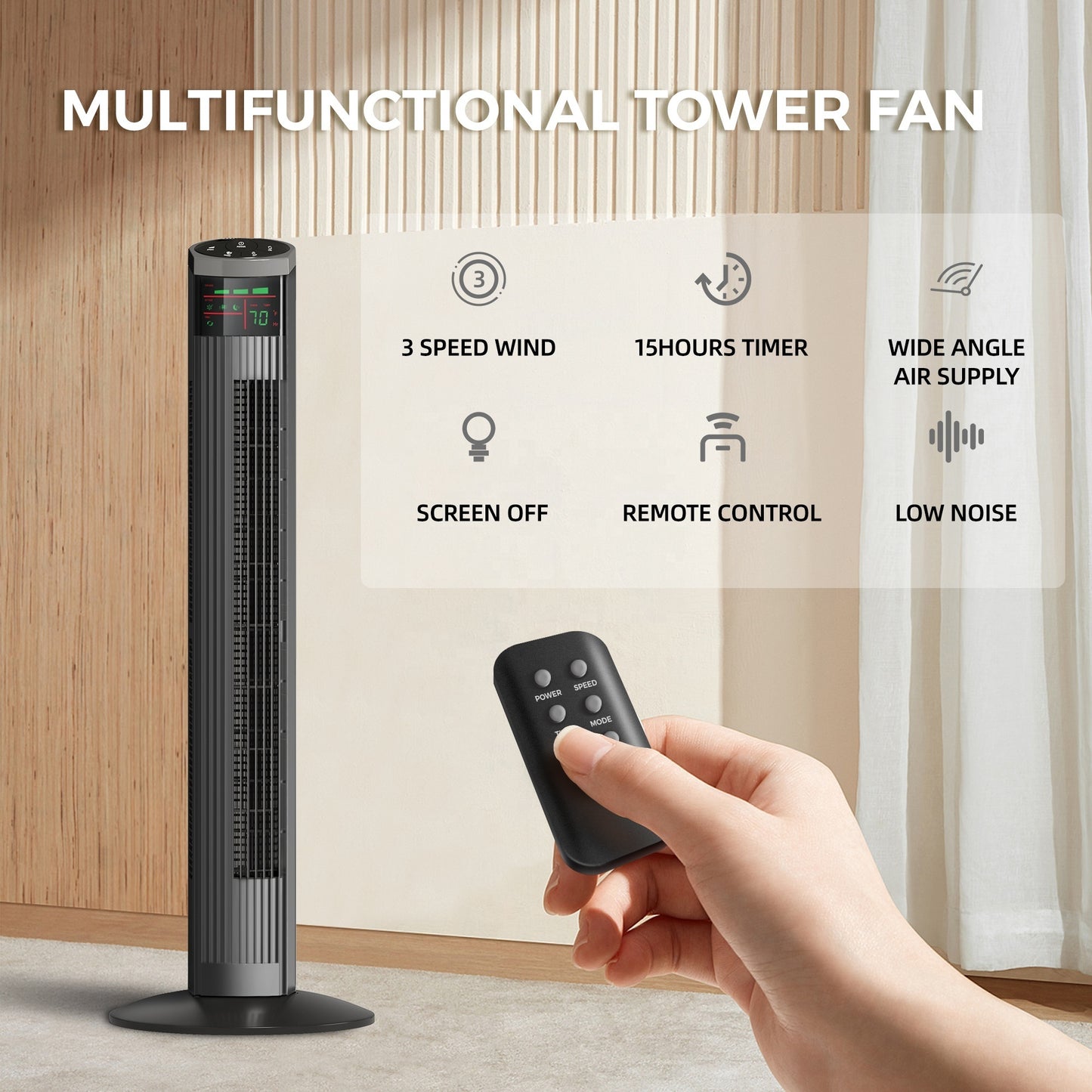 Quiet Comfort 36 Inch Bladeless Tower Fan with Remote and Silent Mode, Black