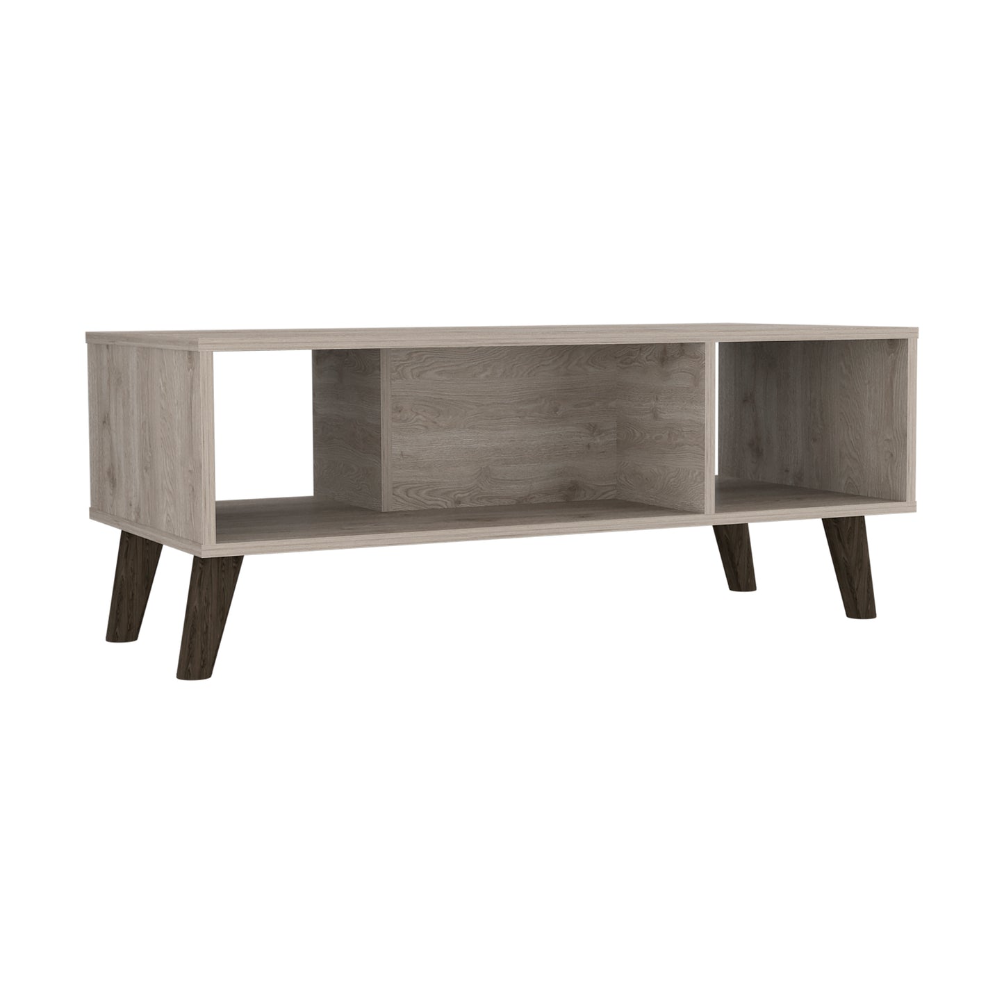 Coffee Table Plex with Light Gray Finish, Two Open Shelves, and Sturdy Legs