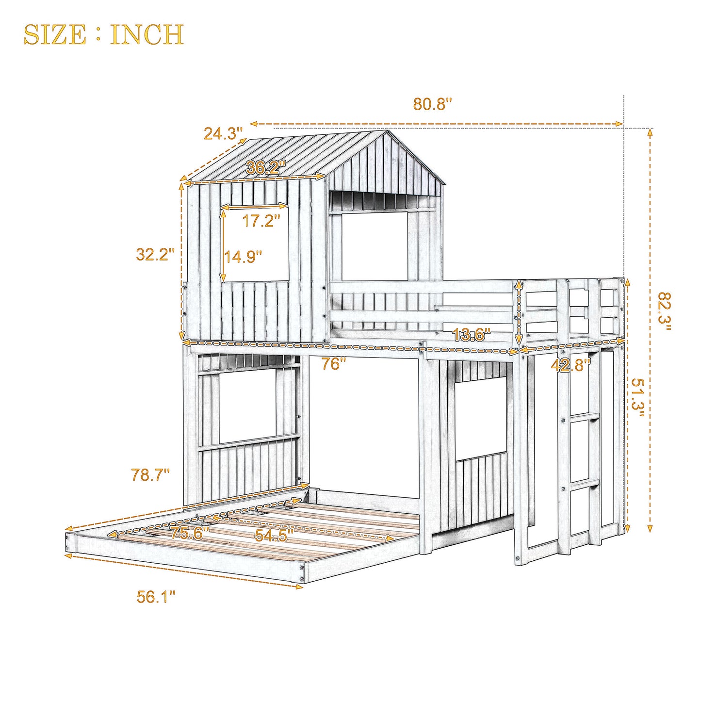 Whimsical Farmhouse Twin Over Full Bunk Bed with Playhouse in White