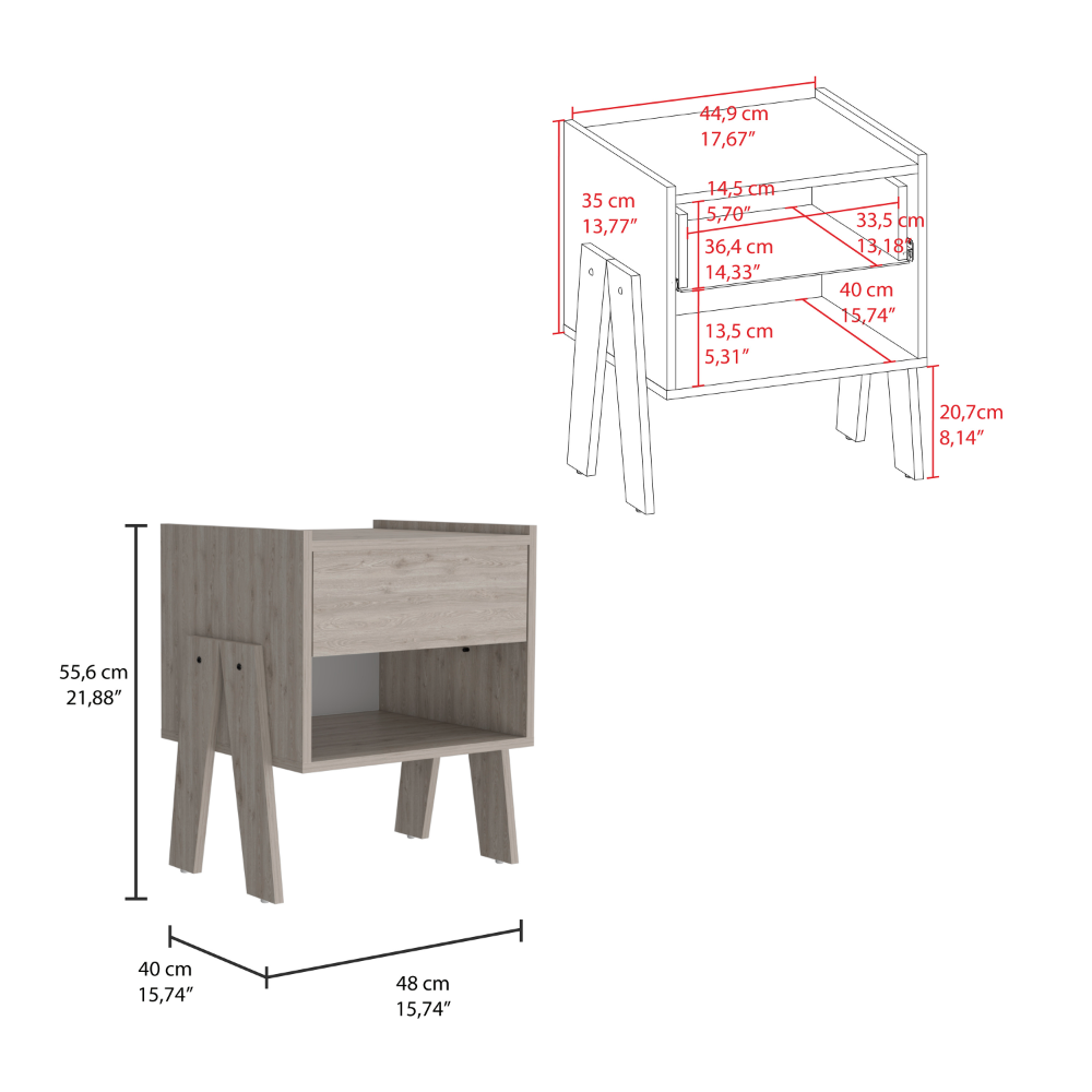 Joy Nightstand, Four Legs, One Open Shelf, One Drawer  -Light Gray