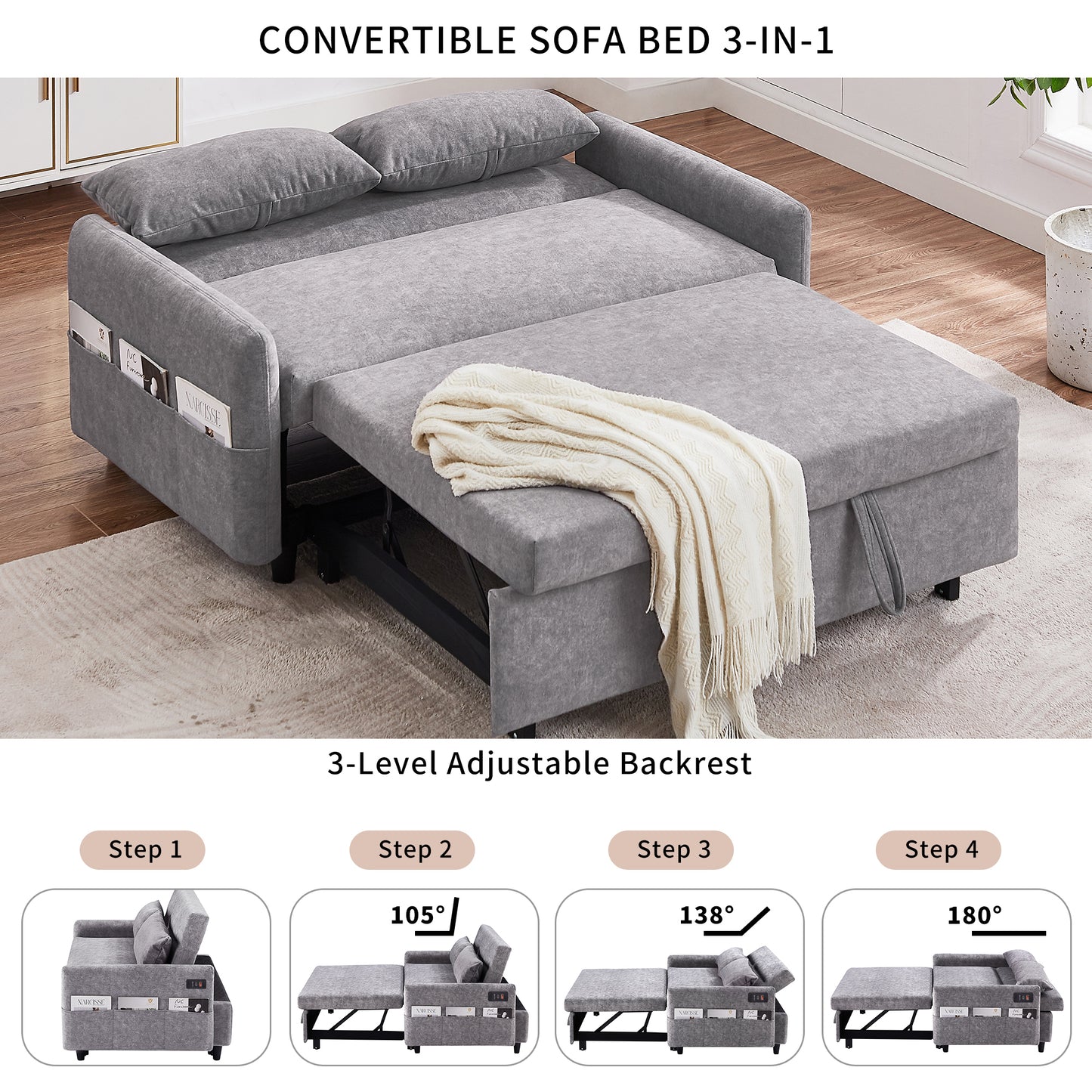 Adjustable Grey Loveseat Sofa Bed with USB Ports and Storage Pockets