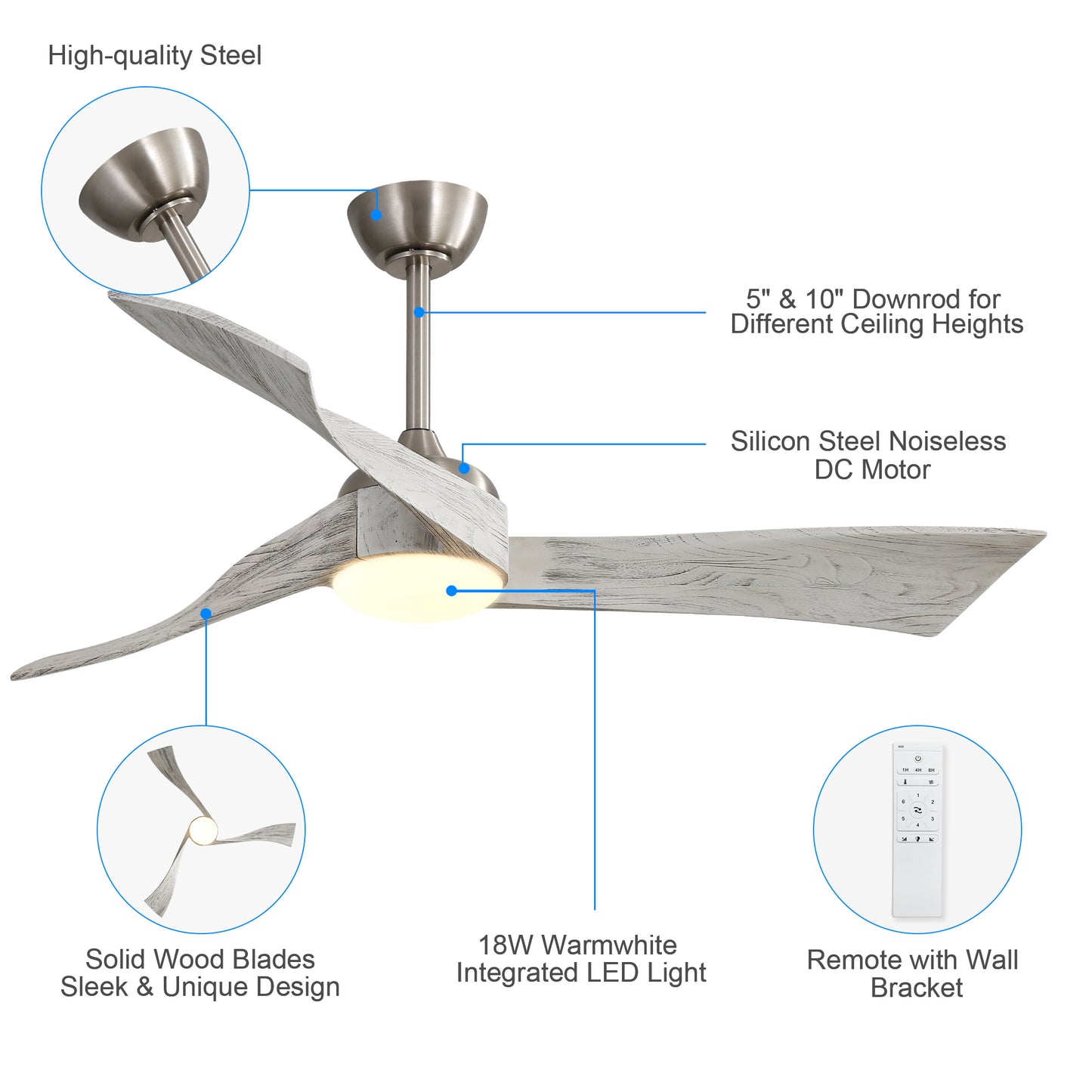 Modern Brushed Nickel Ceiling Fan with Remote Control and Energy-Efficient DC Motor