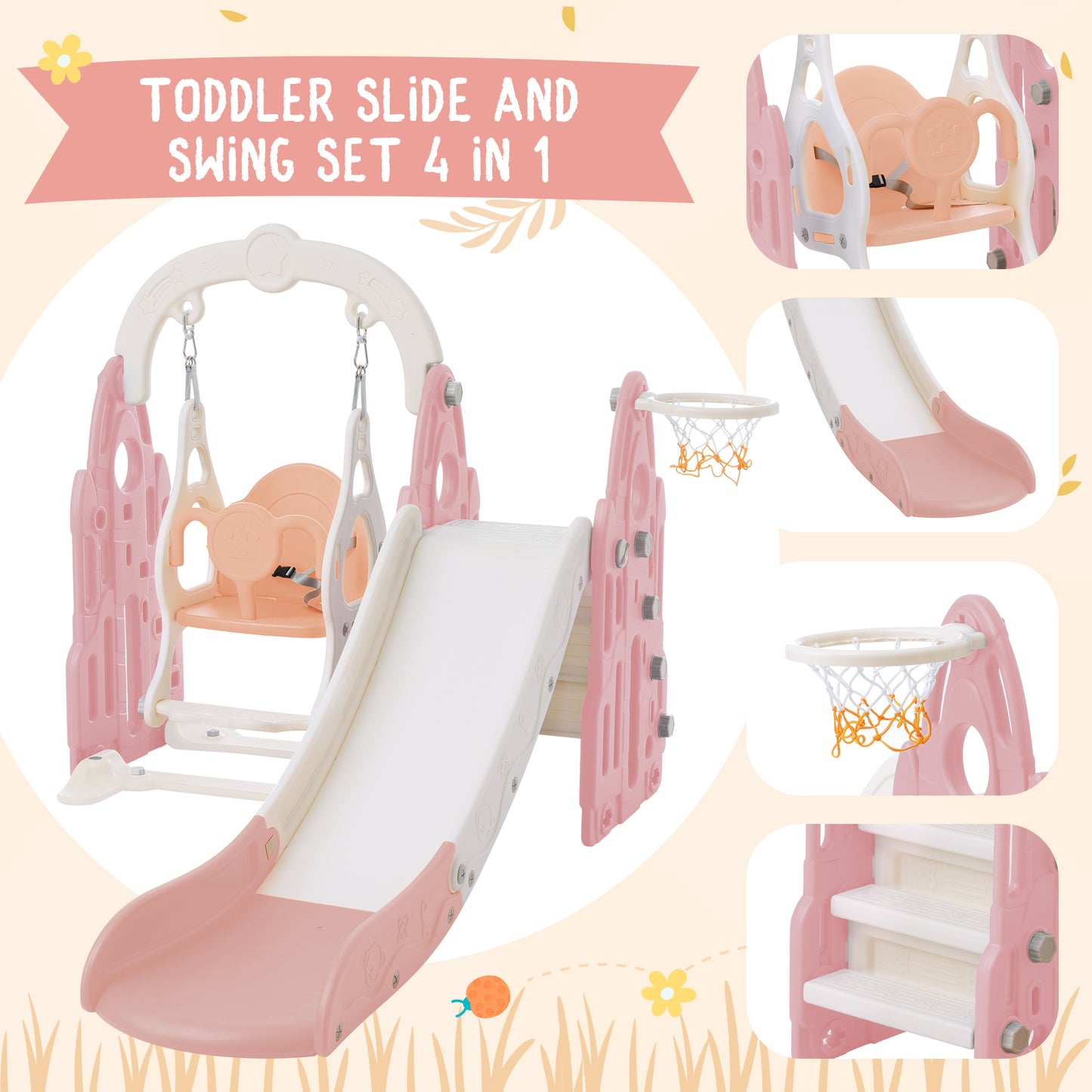 Rocket Theme 4 in 1 Toddler Slide and Swing Set with Basketball Hoop