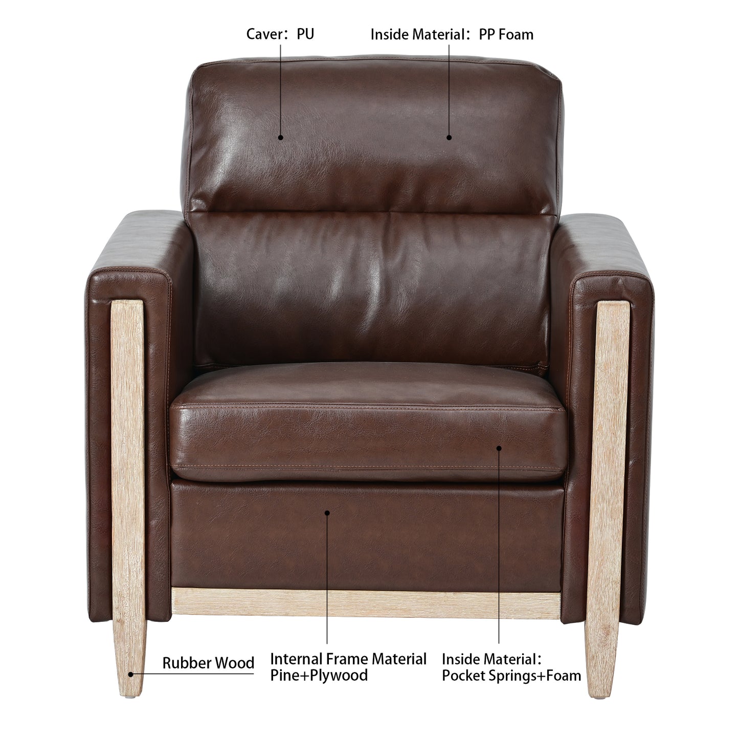 Single Seat Brown Sofa with Rubber Wood Legs