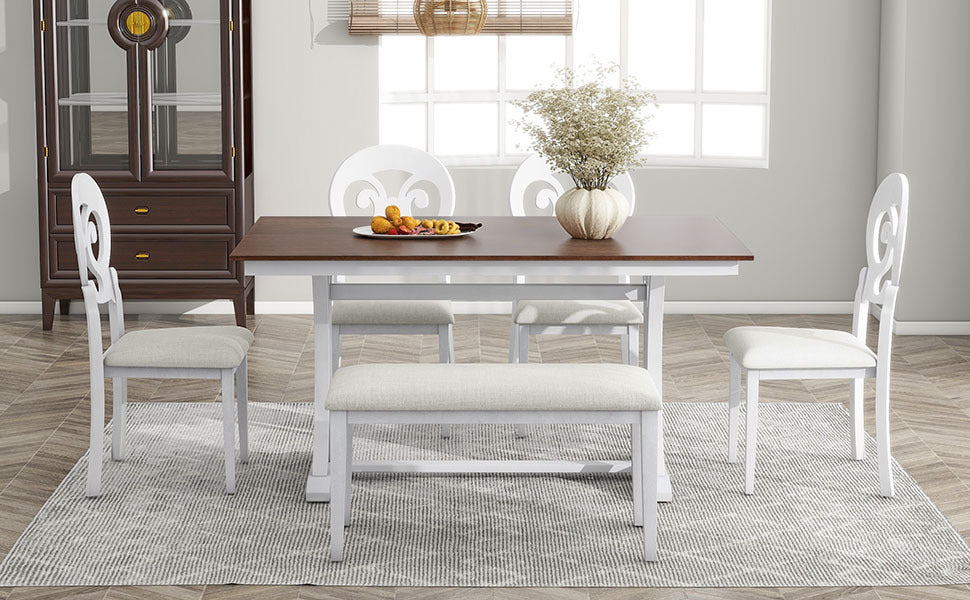 Mid-Century 6-Piece Trestle Table Set with Victorian Round Upholstered Dining Chairs and Long Bench, Cherry+Antique White