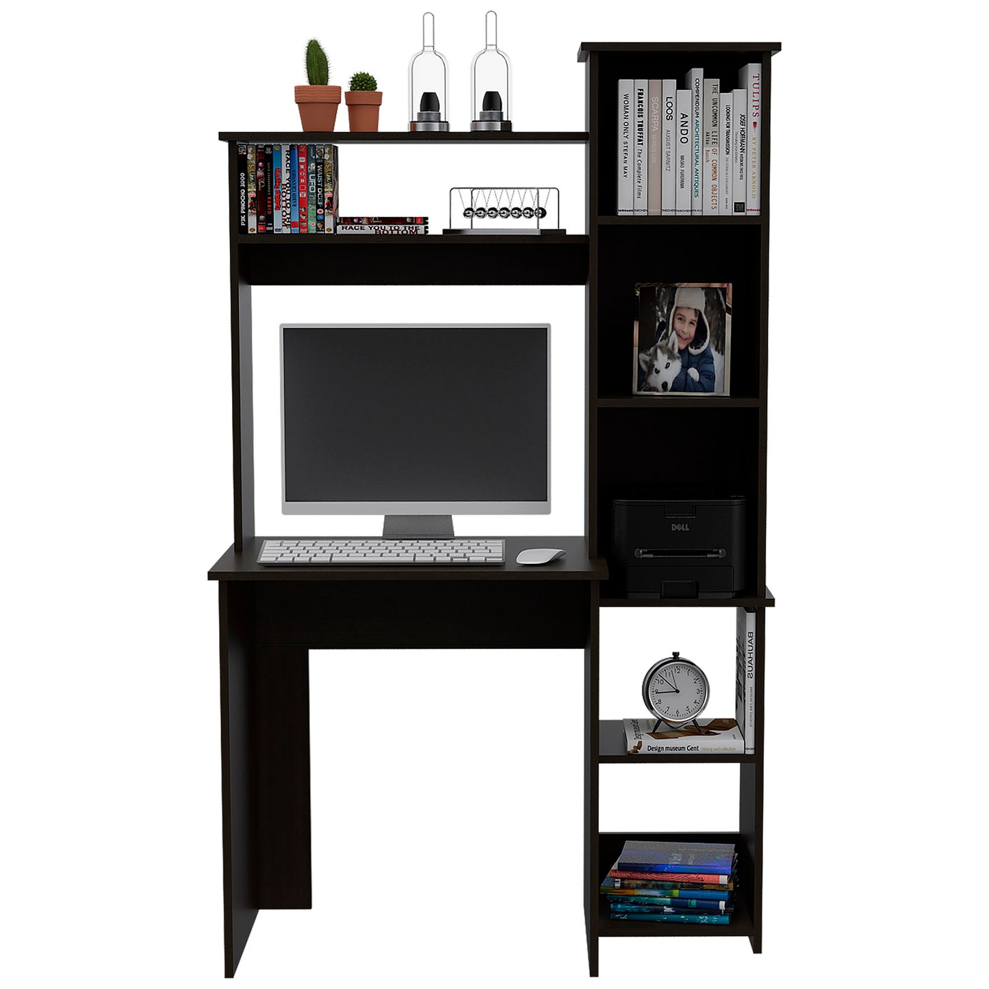 Marston 6-Shelf Writing Desk with Built-in Bookcase - Black Wengue, Space-Saving Modern Workstation