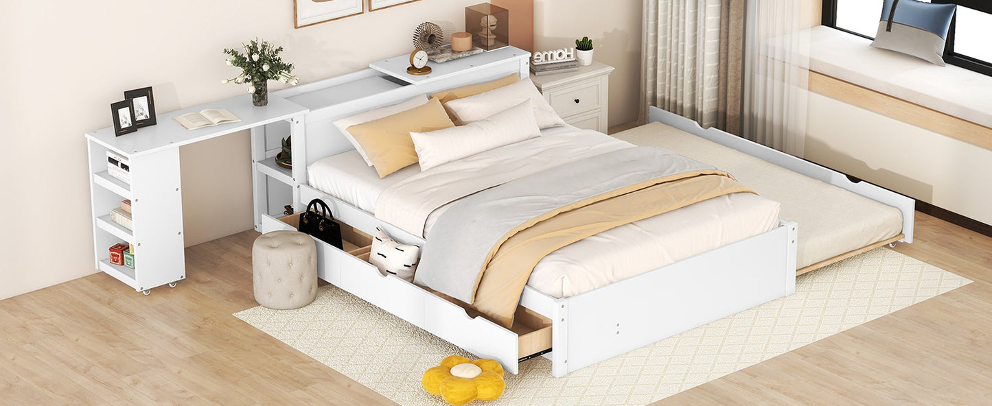 Full Size Platform Bed With a Rolling Shelf, White