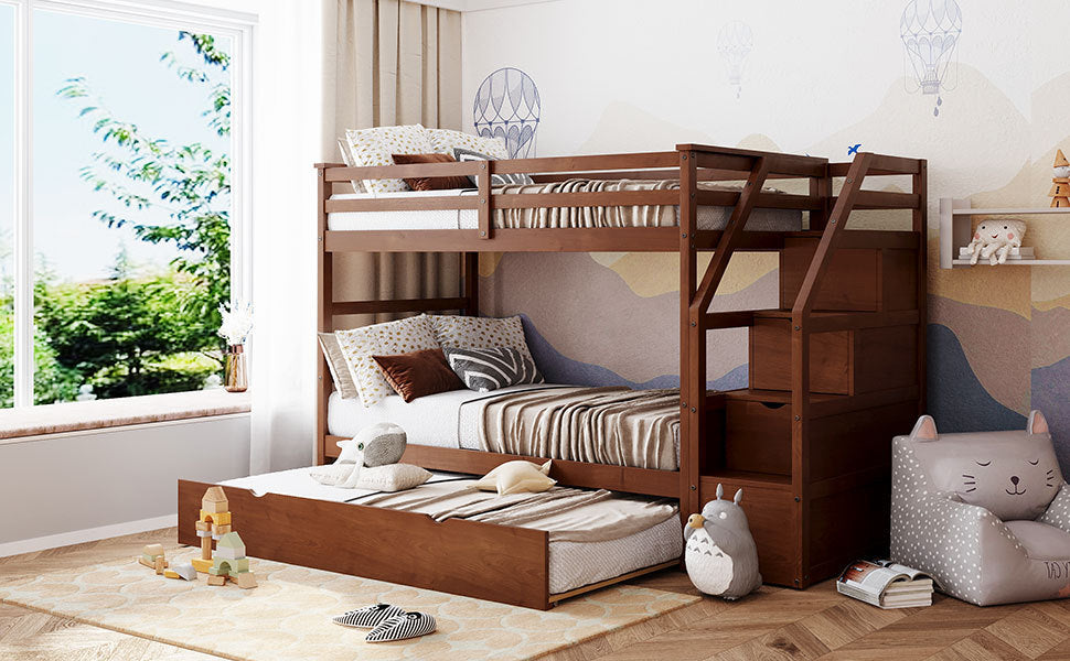 Elegant Walnut Finish Twin Bunk Bed with Trundle, Stairs, and Storage