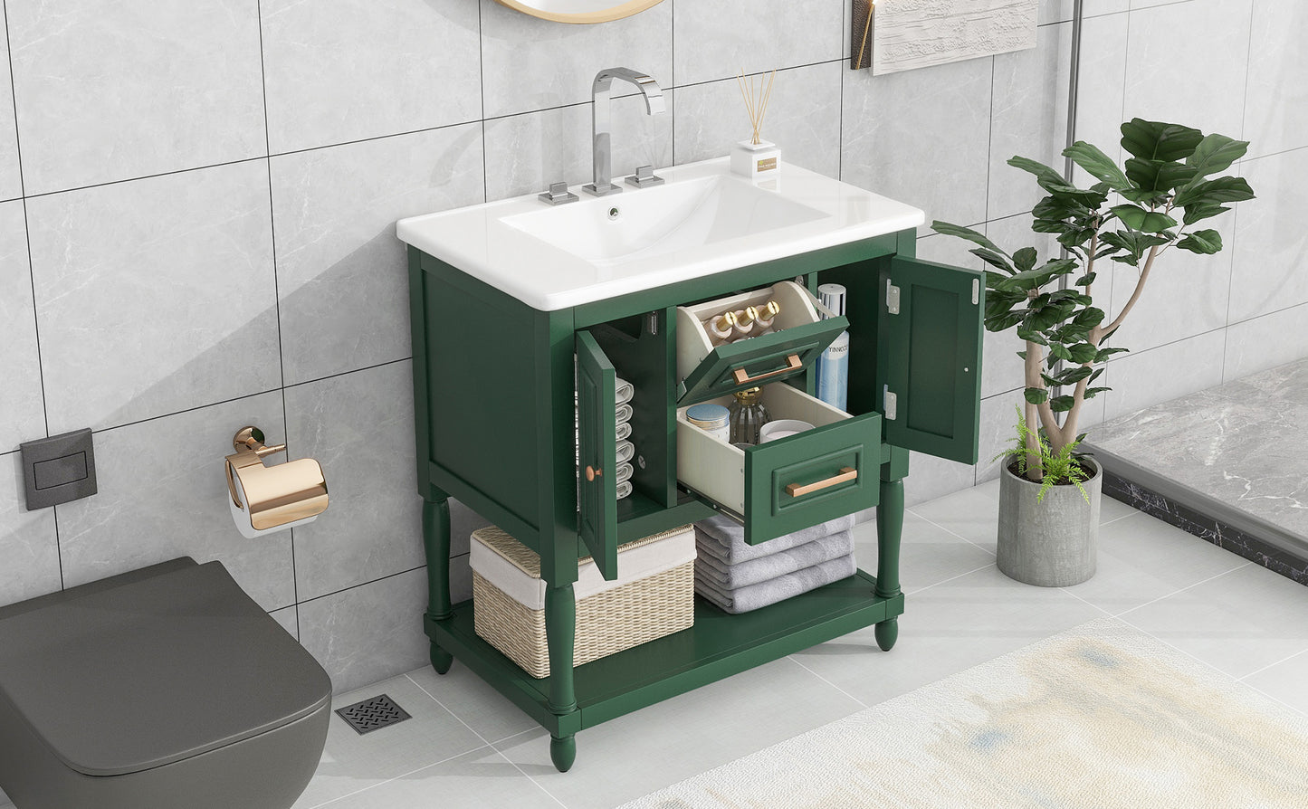 30" Bathroom Vanity with Sink Top, Bathroom Vanity Cabinet with Two Doors and Two Drawers, Solid Wood Frame, One Package, Green