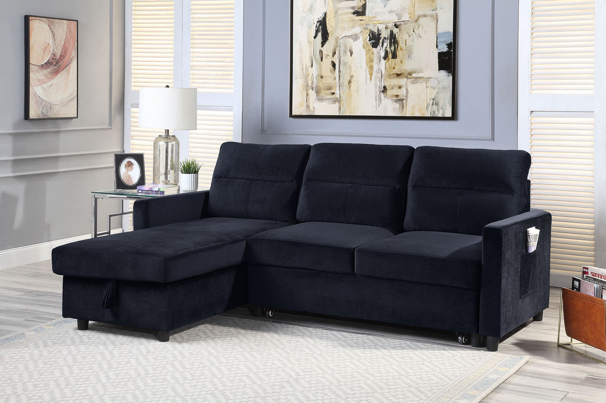 Black Velvet Reversible Sleeper Sectional Sofa with Storage Chaise and Side Pocket