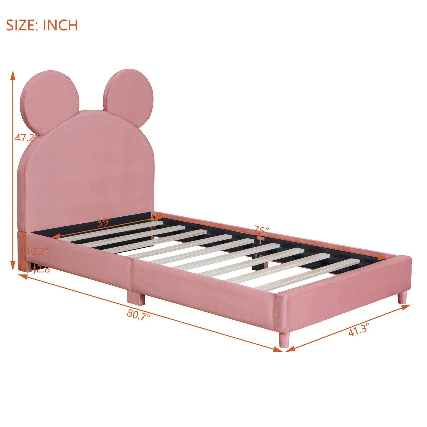 Twin Size Upholstered Platform Bed with Bear Ear Shaped Headboard, Pink