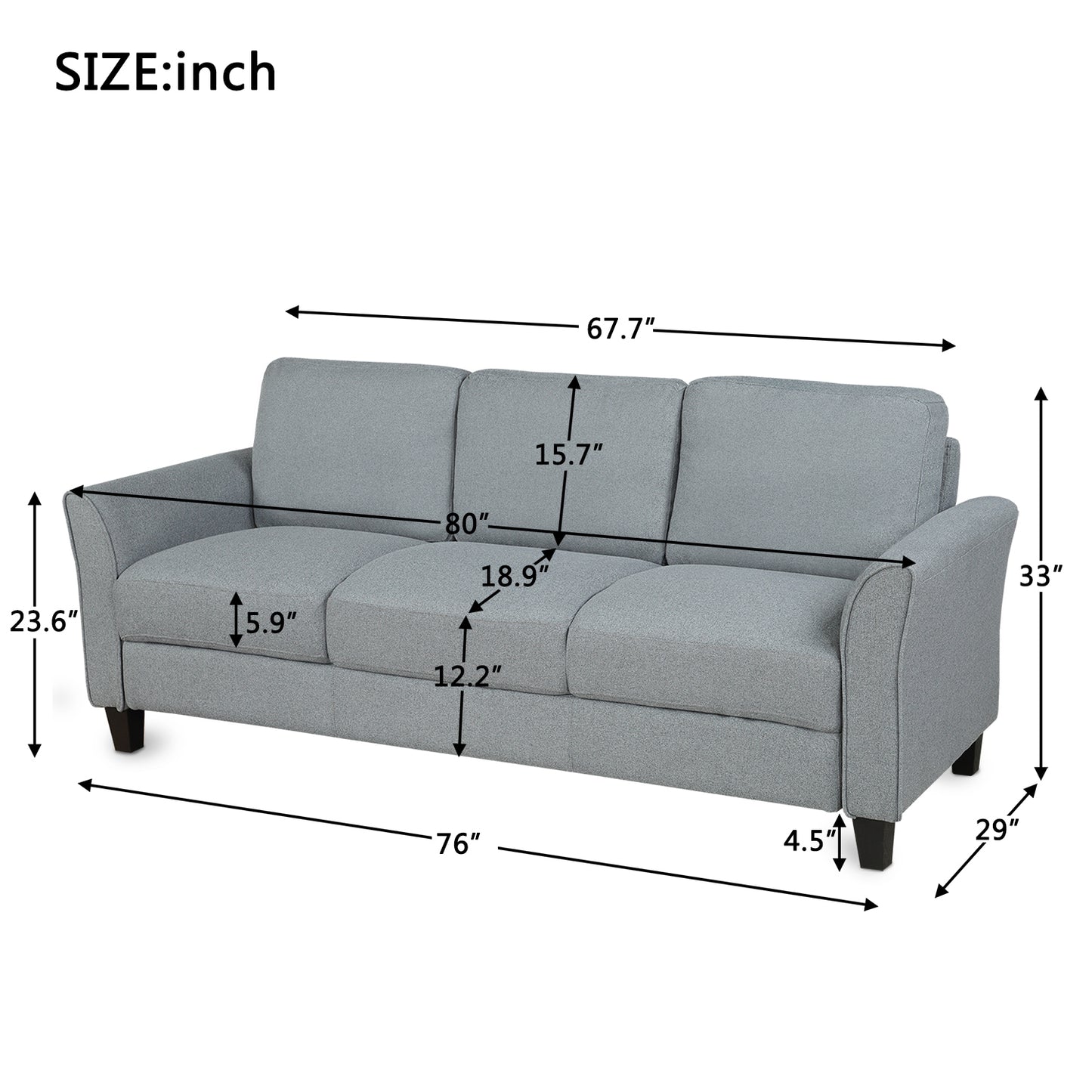 Gray 3-Seat Linen Fabric Sofa for Living Room