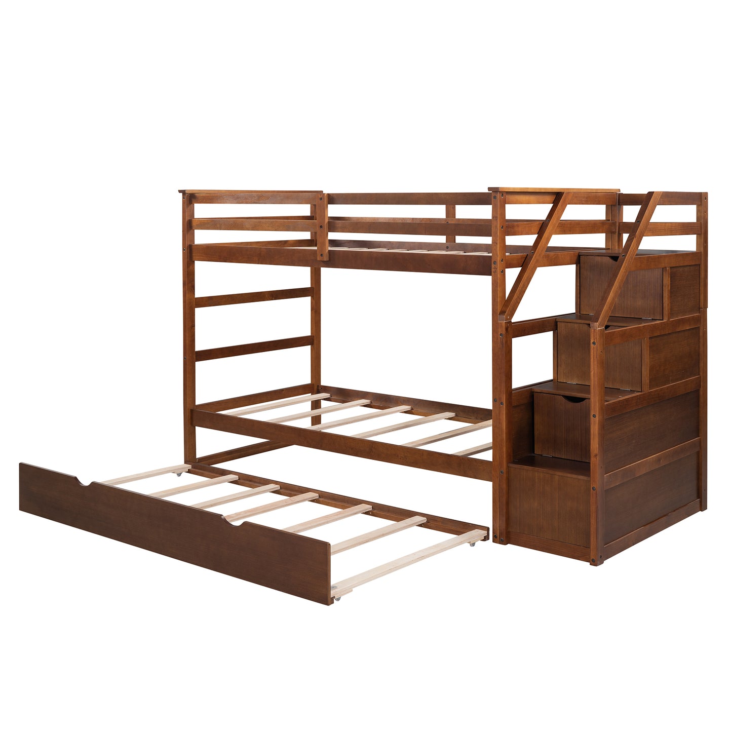 Elegant Walnut Finish Twin Bunk Bed with Trundle, Stairs, and Storage