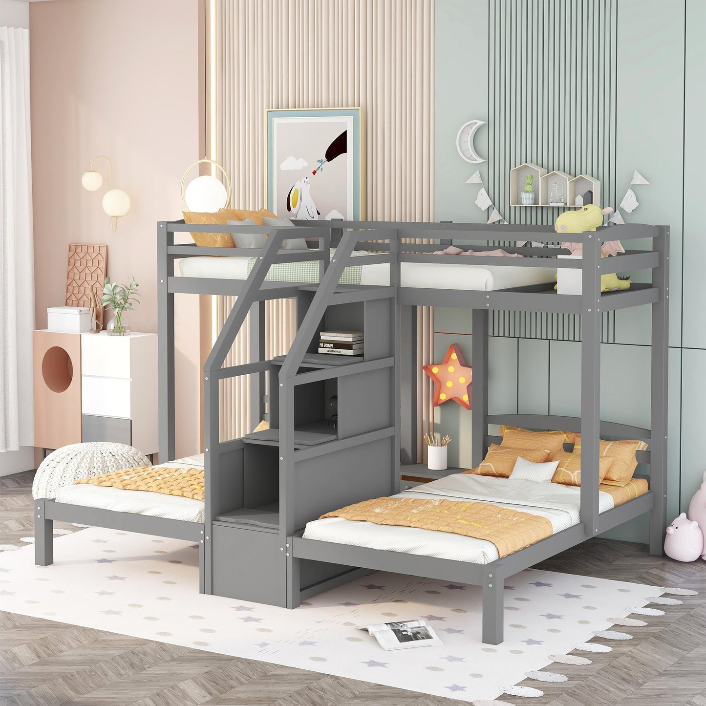 Gray Triple Twin Bunk Bed with Staircase and Storage Drawer