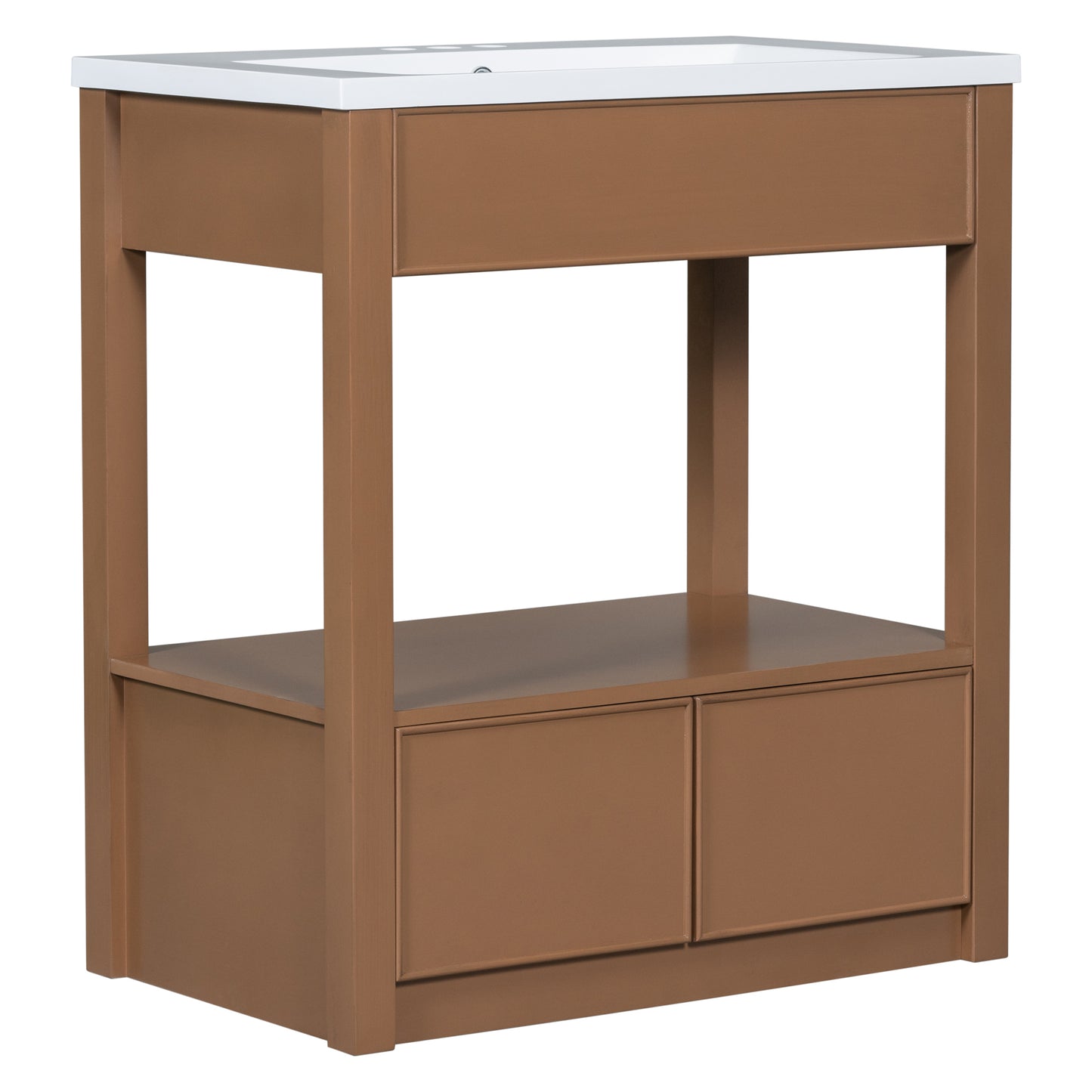 30" Bathroom Vanity with Sink Top, Bathroom Cabinet with Open Storage Shelf and Two Drawers, Brown