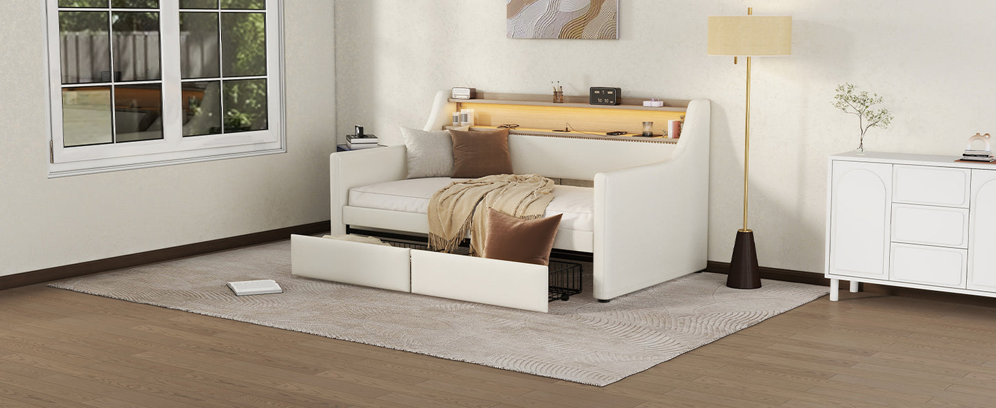 Twin Size Daybed with Storage Drawers, Upholstered Daybed with Charging Station and LED Lights, White