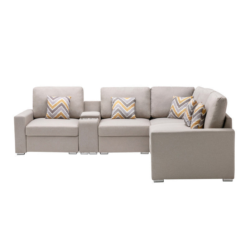 Nolan Beige Linen Fabric 6-Piece Reversible Sectional Sofa with USB, Charging Ports, Cupholders, Console Table, Pillows, and Interchangeable Legs