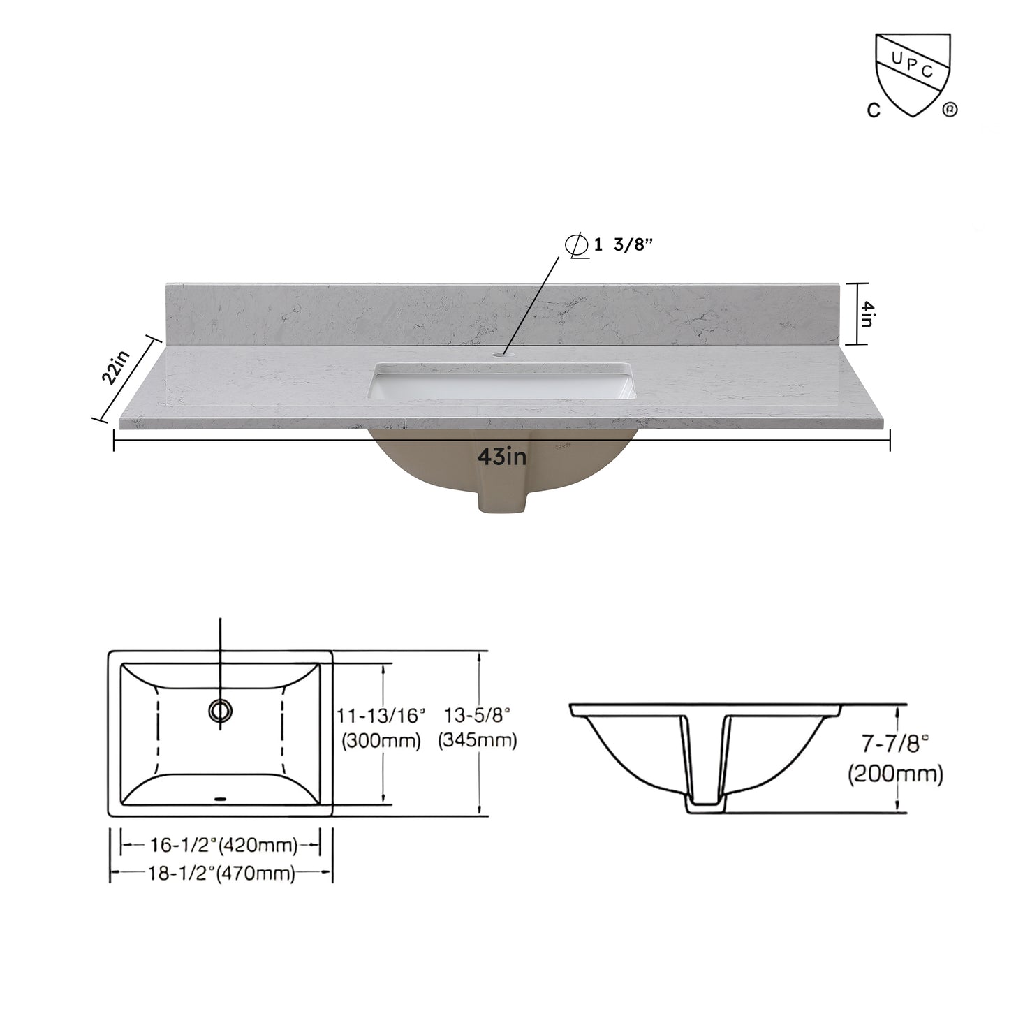 Montary 43 inches bathroom stone vanity top calacatta gray engineered marble color with undermount ceramic sink and 3 faucet hole with backsplash