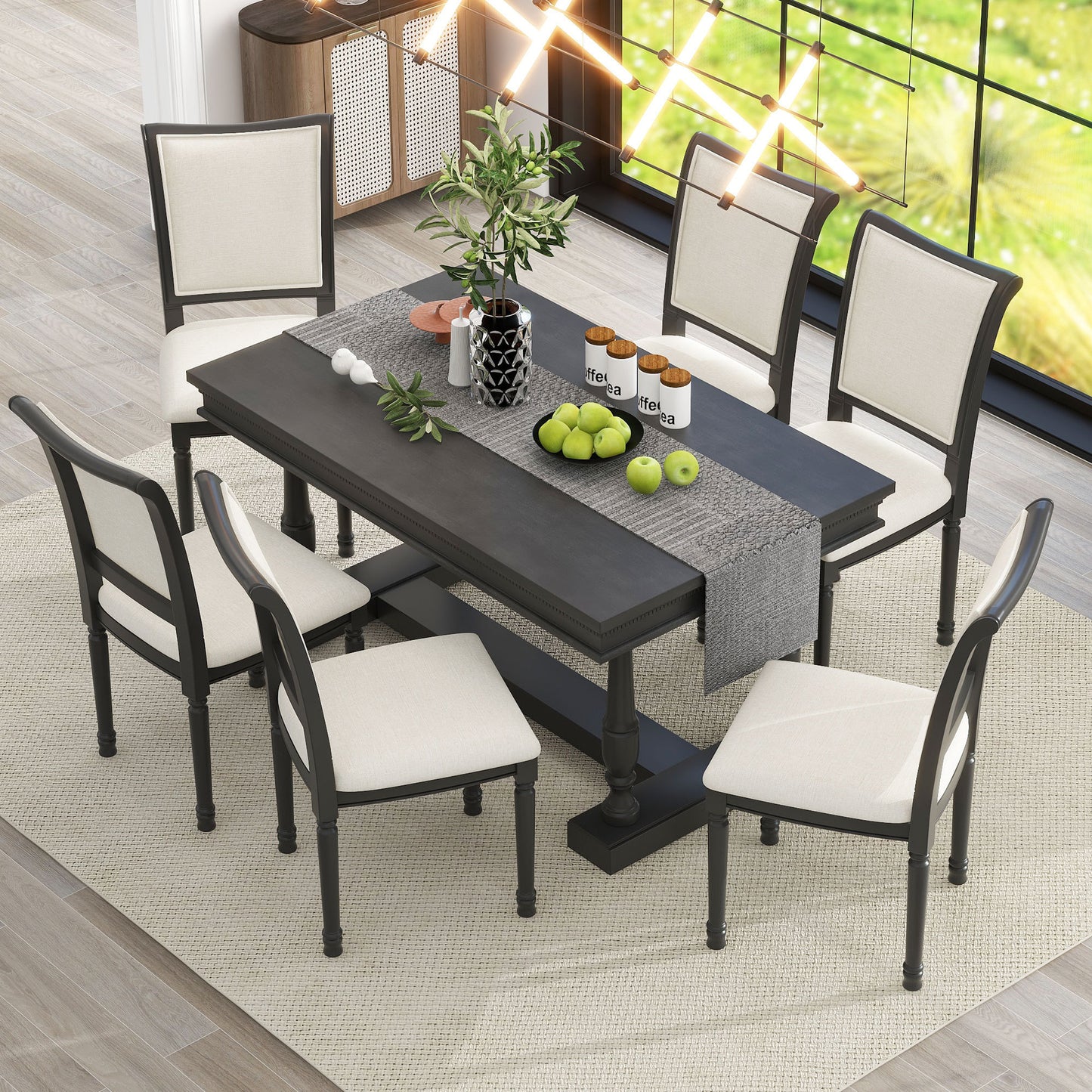 TREXM 7-Piece Dining Table with 4 Trestle Base and 6 Upholstered Chairs with Slightly Curve and Ergonomic Seat Back (Black)