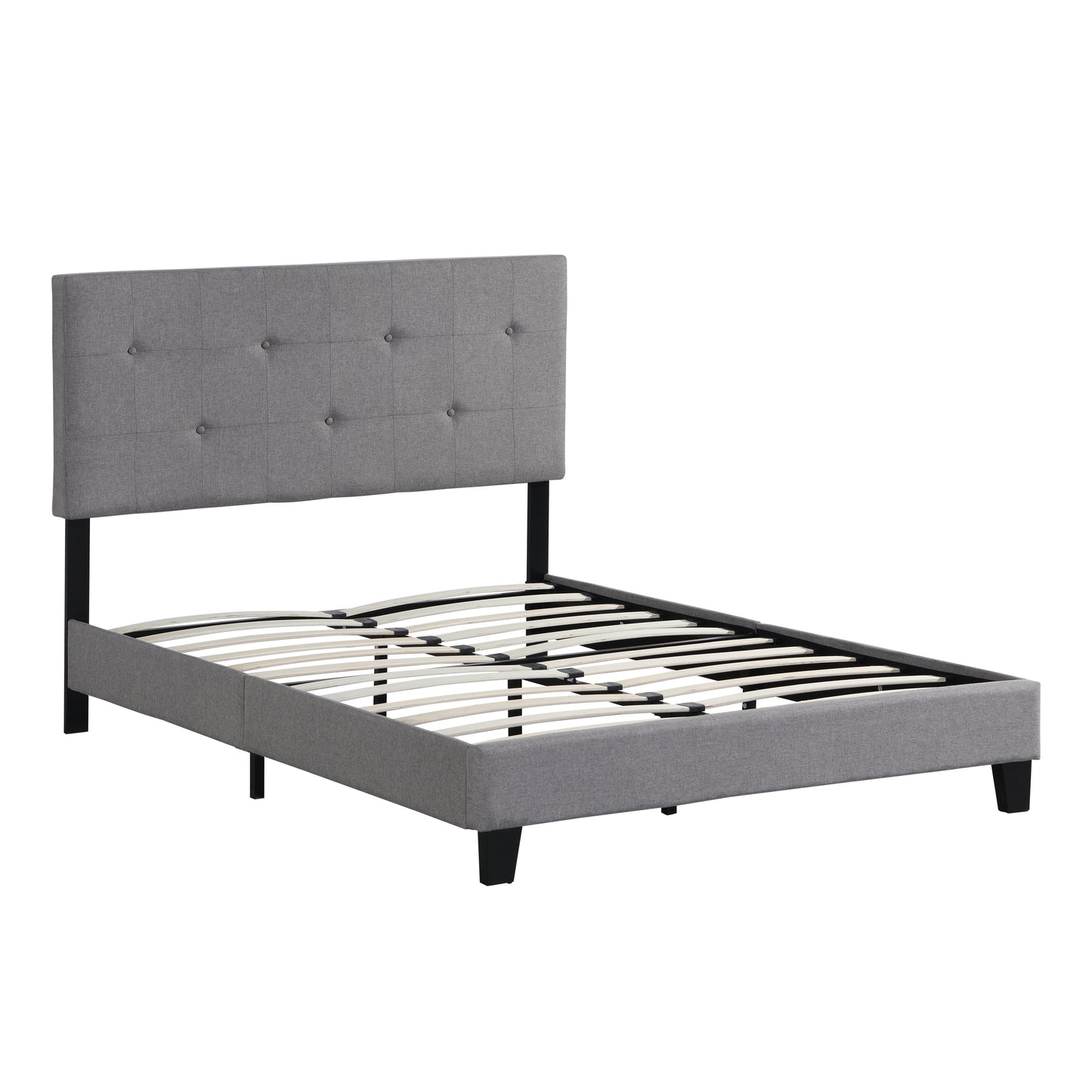 Full Size Upholstered Platform Bed Frame with Modern Button Tufted Linen Fabric Headboard, No Box Spring Needed, Wood Slat Support, Easy Assembly,  Grey