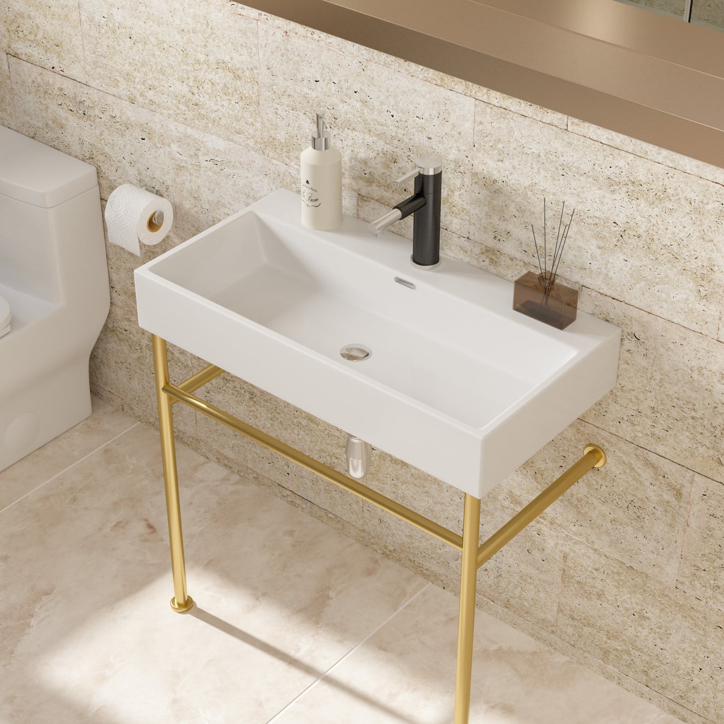 30" Bathroom Console Sink with Overflow,Ceramic Console Sink White Basin Gold Legs