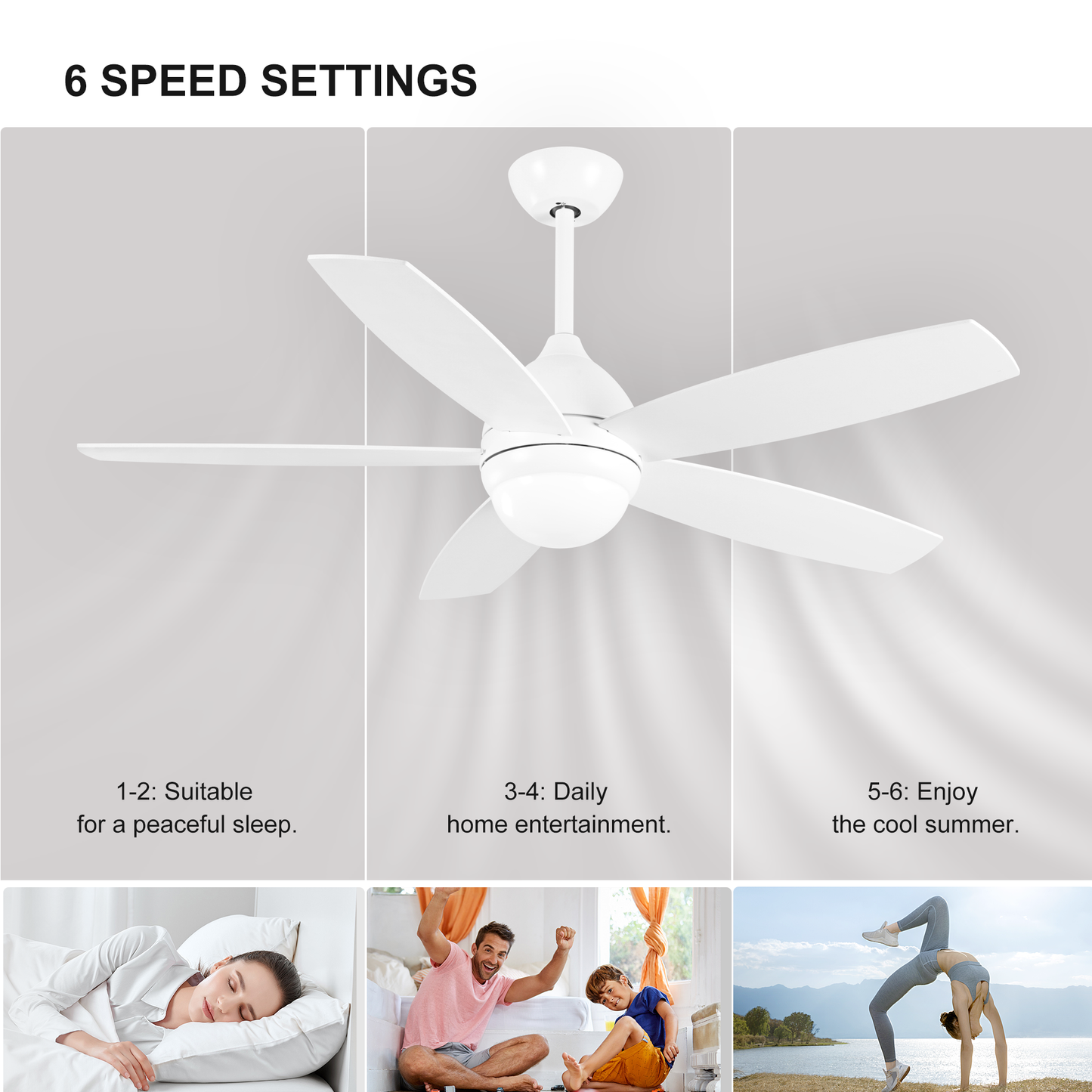 52 Inch Elegant White Ceiling Fan with Remote Control and Dimmable LED Lights