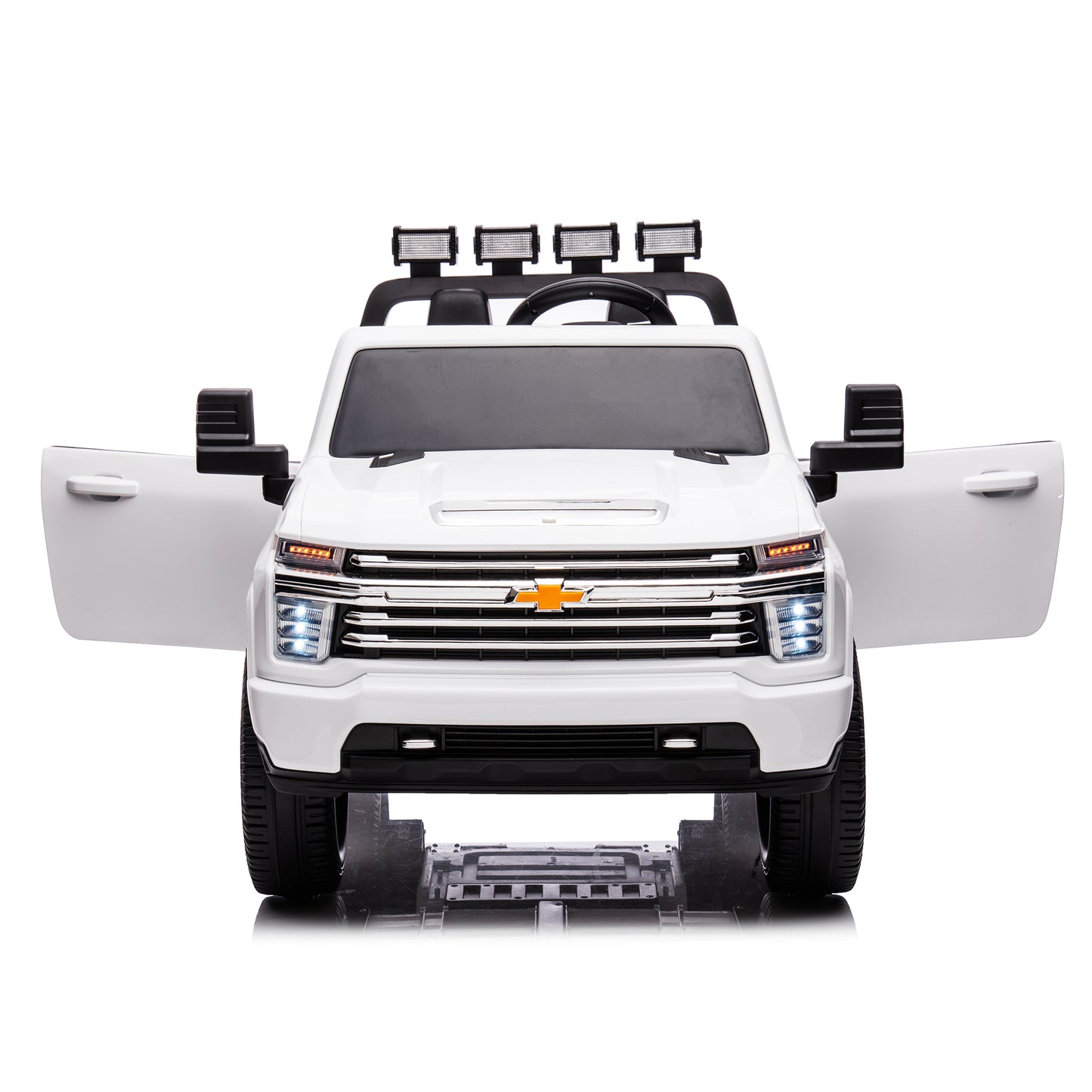 White, 24V 2 Seater Ride On Truck Car, Licensed Chevrolet Silverado HD Electric Car for Kids, 4WDmotors, with2.4G Remote Control, Metal Suspension, Soft Start, FM/Bluetooth/Music, LED Light,Toys Gifts