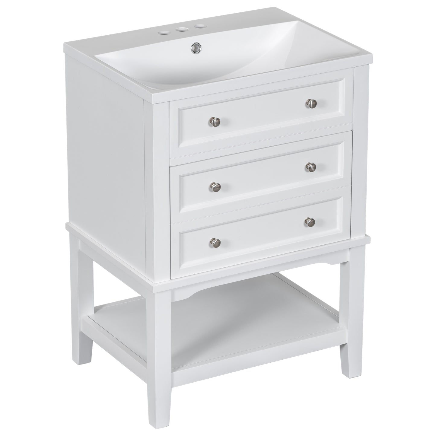 24" Bathroom Vanity With Sink, Bathroom Storage Cabinet with Drawer and Open Shelf, Solid Wood Frame, White