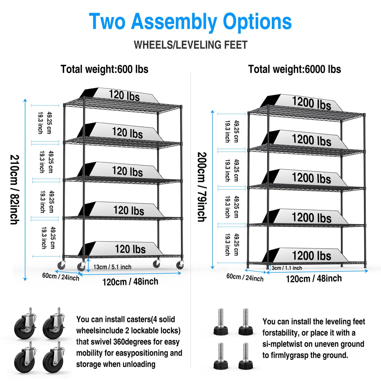 5 Tier 6000lbs Heavy Duty Adjustable Storage Rack Metal Shelf Wire Shelving Unit with Wheels & Shelf Liners - 82" H x 48" L x 24" D - Black