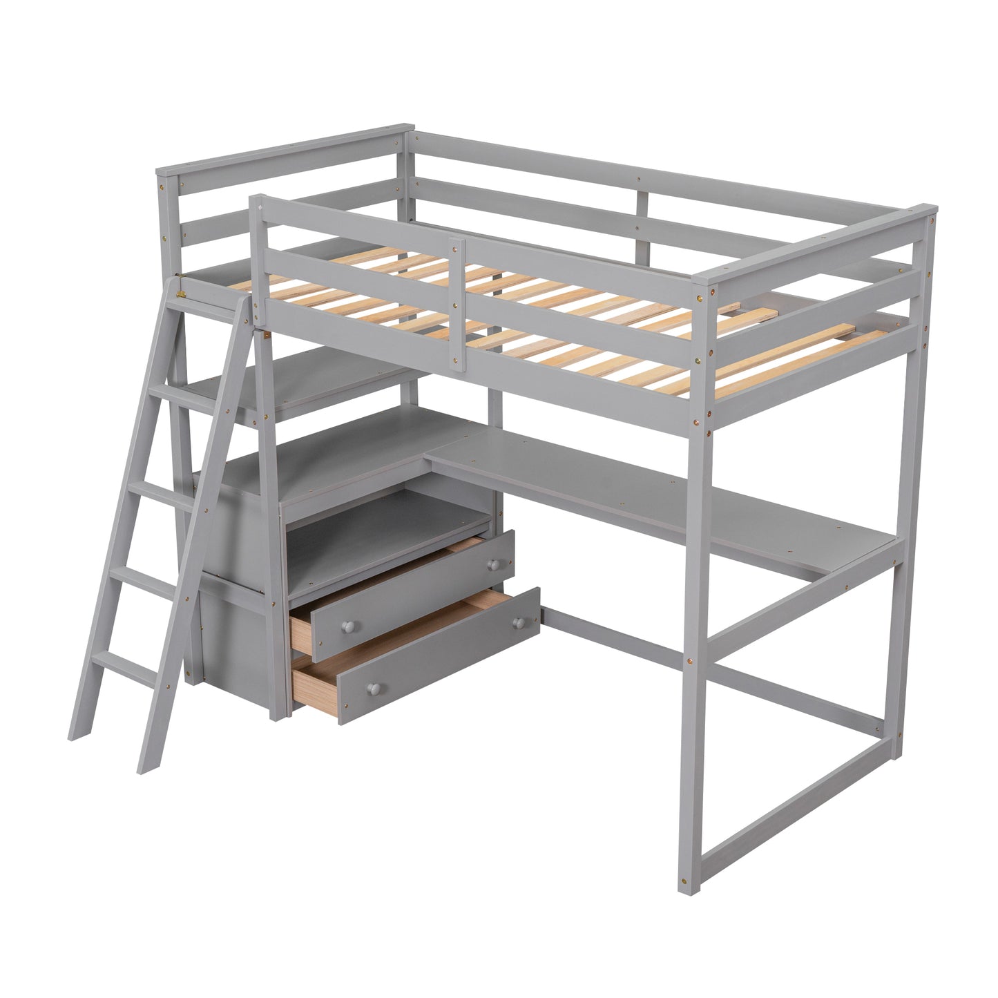 Twin Size Loft Bed with Desk and Shelves, Two Built-in Drawers, Gray(:GX000803AAE-1)