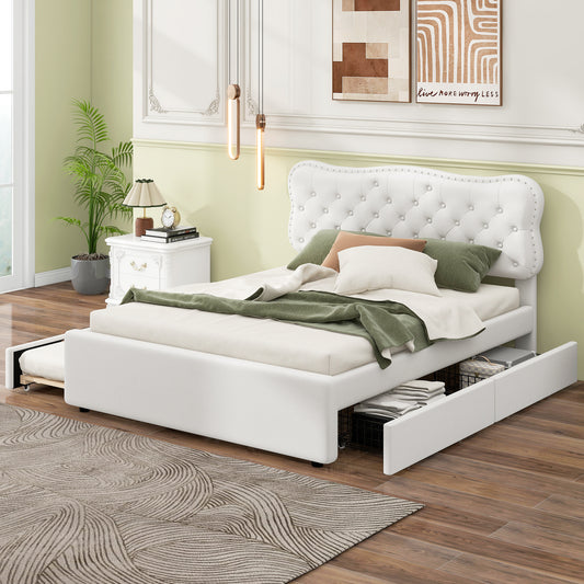 Full Size Upholstery Platform Bed with Storage Drawers and Trundle,White