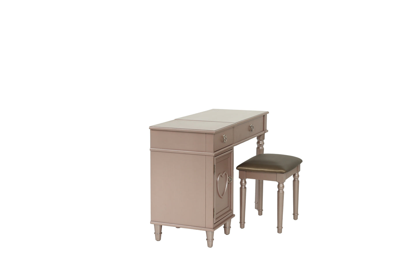 Bedroom Vanity Set w Stool Open Up Mirror Storage Space Drawers Rubber wood Ring Pull Handles Rose Gold Color Vanity