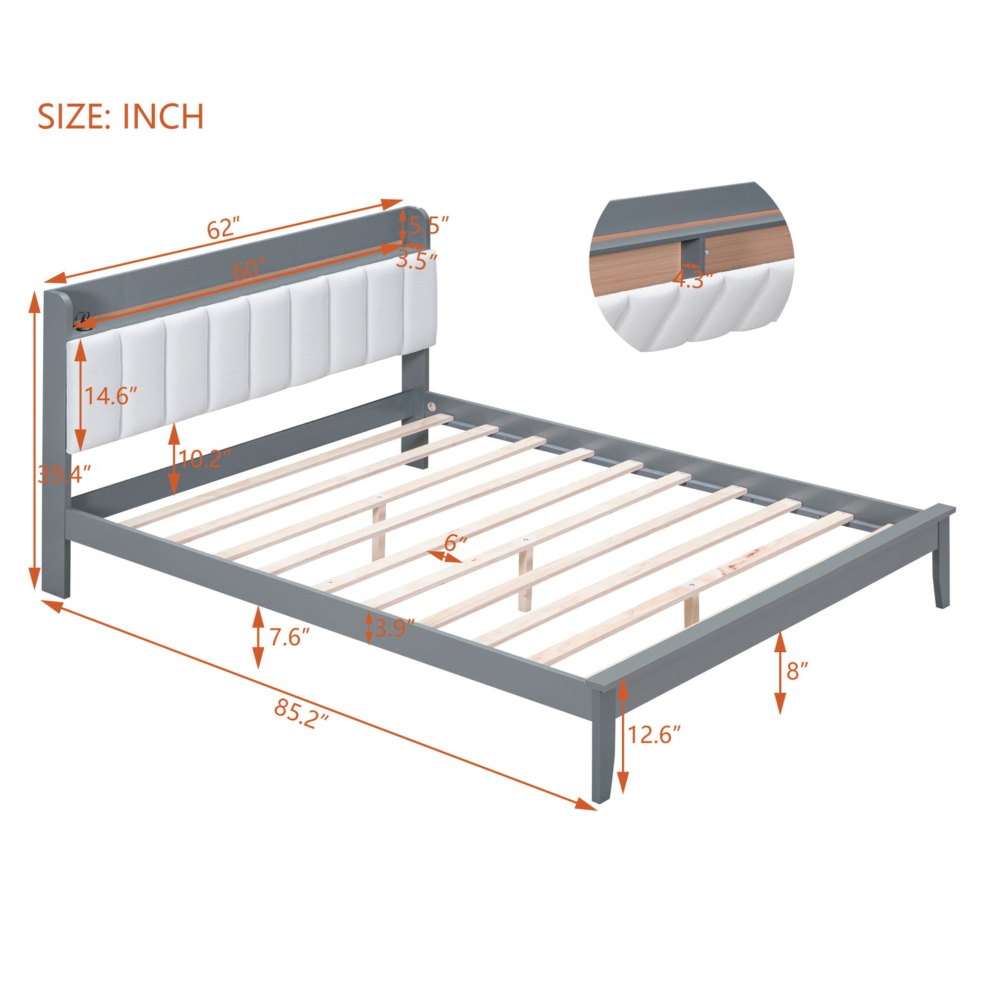 Queen size Platform Bed with USB Charging Station and Storage Upholstered Headboard,LED Bed Frame,No Box Spring Needed,Gray+White