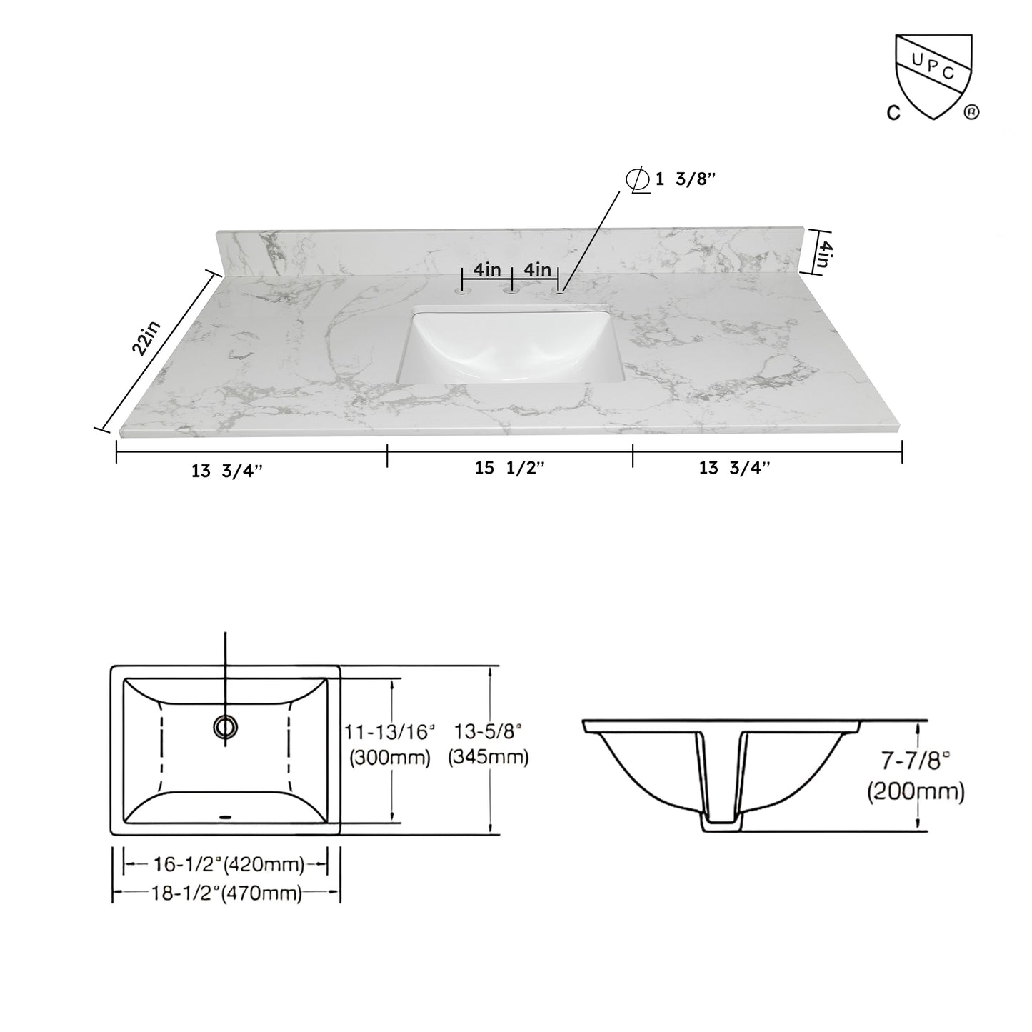 Montary 43x22 bathroom stone vanity top  engineered stone carrara white marble color with rectangle undermount ceramic sink and  3 faucet hole with back splash .