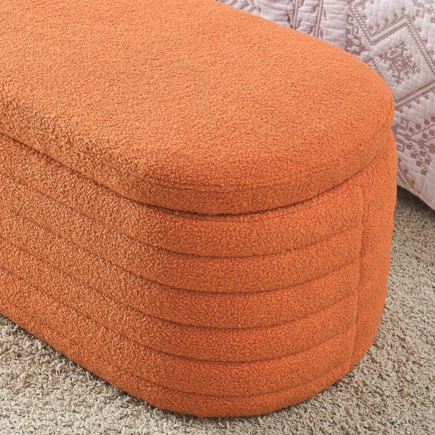 [Video] Welike Length 45.5 inchesStorage Ottoman Bench Upholstered Fabric Storage Bench End of Bed Stool with Safety Hinge for Bedroom, Living Room, Entryway, orange teddy.