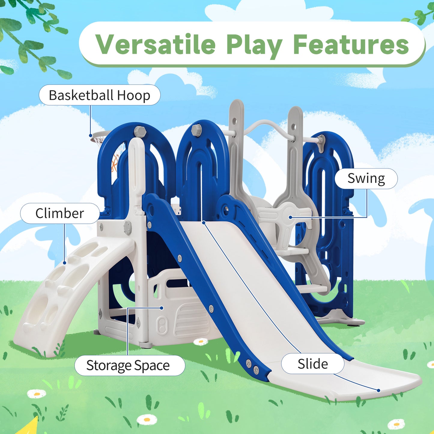 Toddler Slide and Swing Set 5 in 1, Kids Playground Climber Slide Playset with Basketball Hoop Freestanding Combination for Babies Indoor & Outdoor