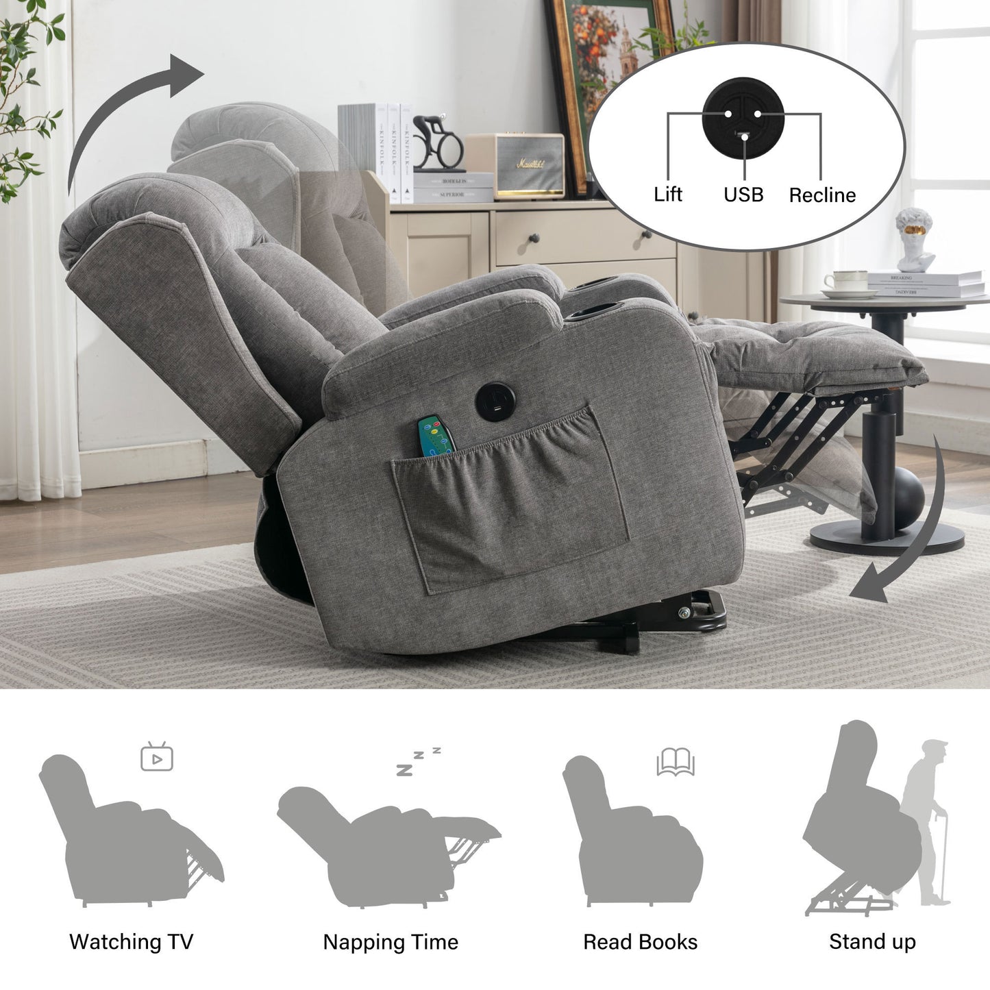 Elderly-Friendly Grey Power Lift Recliner Chair with Heat and Massage