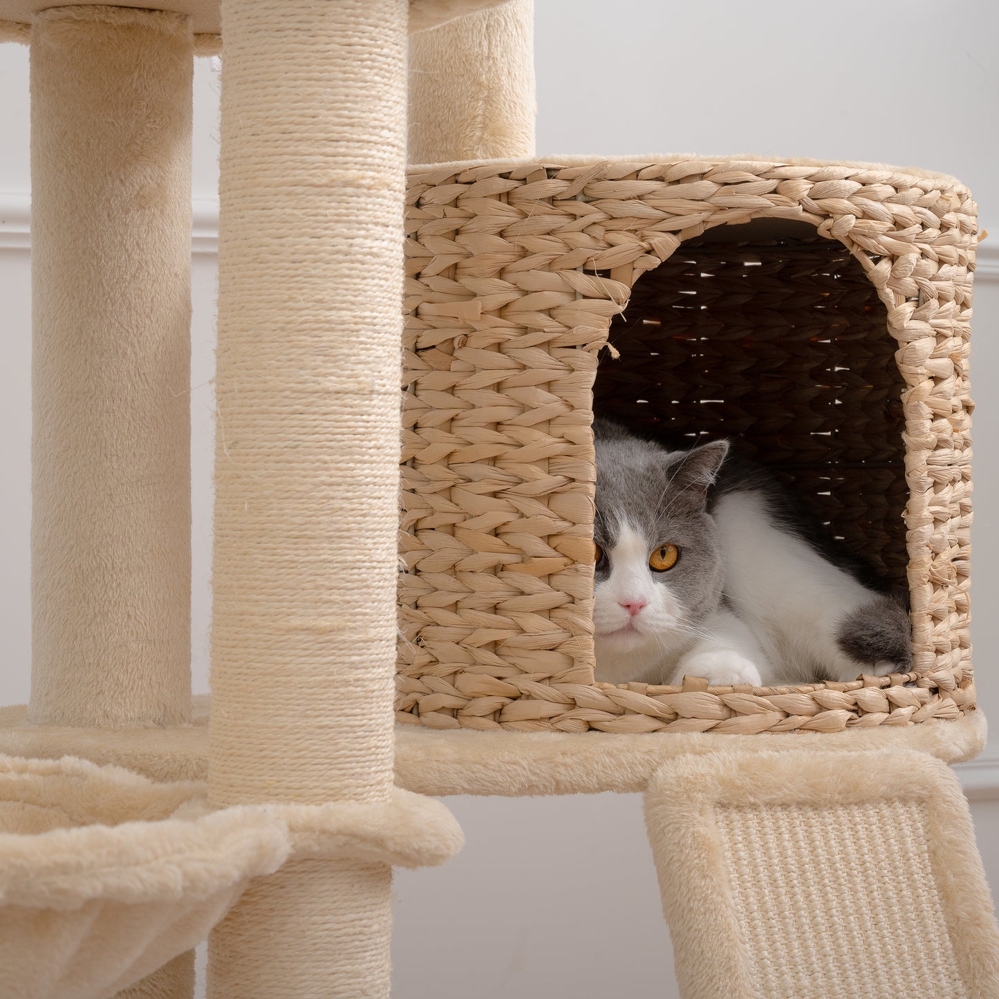 Cat Tree, 59-Inch Cat Tower for Indoor Cats, Plush Multi-Level Cat Condo with 2 Perches, 2 Caves, Cozy Basket and Scratching Board, Beige